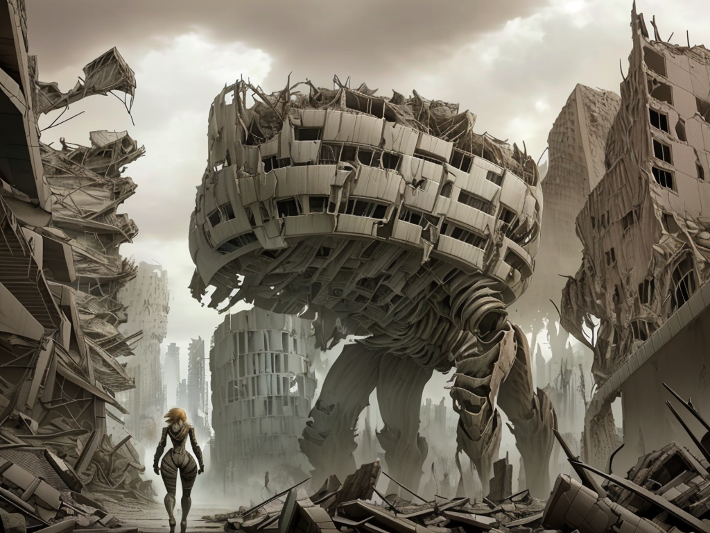 a detailed scaled (giant (female titan:1.05) walking inside) a modern building in front of a (city in ruins:1.2).
 <lora:Wasteland:0.65> Wasteland, the, and, with, wasteland, background