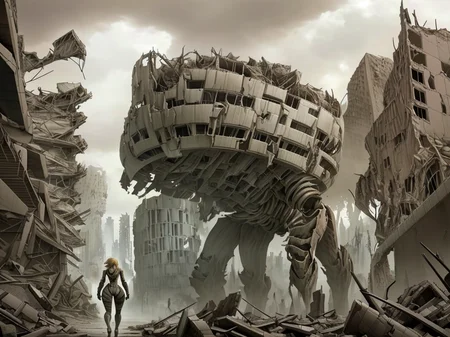 a detailed scaled (giant (female titan:1.05) walking inside) a modern building in front of a (city in ruins:1.2).
 <lora:Wasteland:0.65> Wasteland, the, and, with, wasteland, background