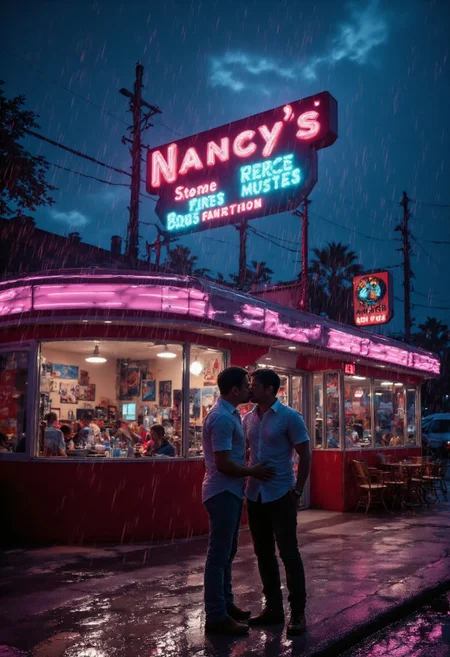 A hyper realistic photograph of outside an American diner restaurant with pink trimming on the edges and called "Nancy's". It's night time and dimly lit by the signs of the diner, rain is trickling in as the dark clouds of a thunderstorm covers the sky. Two men are romantically kissing outside in the rain, aidmafluxproultra