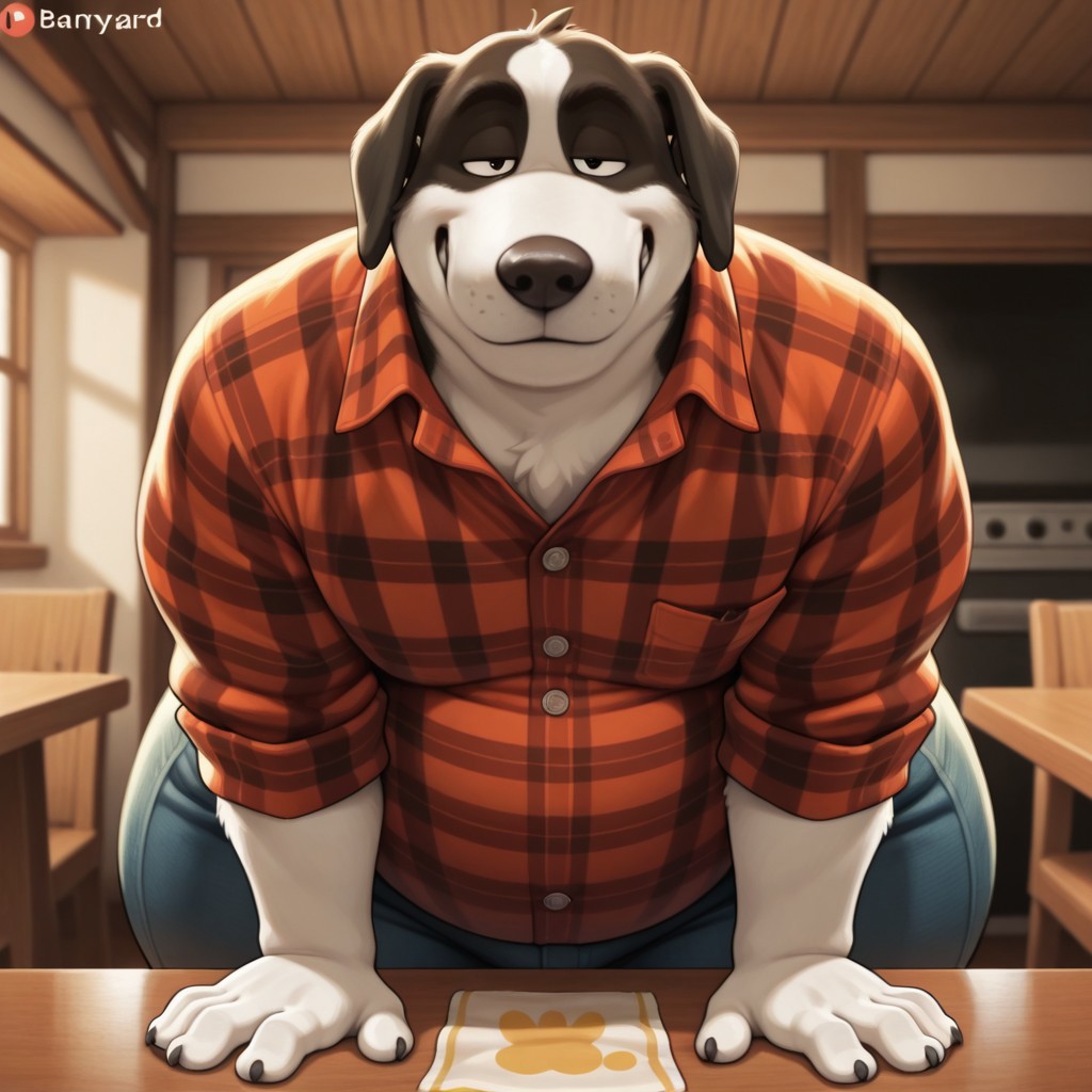 masterpiece, best quality, amazing quality, duke, barnyard, male dog, furry male, anthro, solo, handkerchief, plaid shirt, chubby, overweight, wide hips, big butt, thick thighs, leaning forward on table, smirk, hands on table, looking at viewer, indoors, table, front view