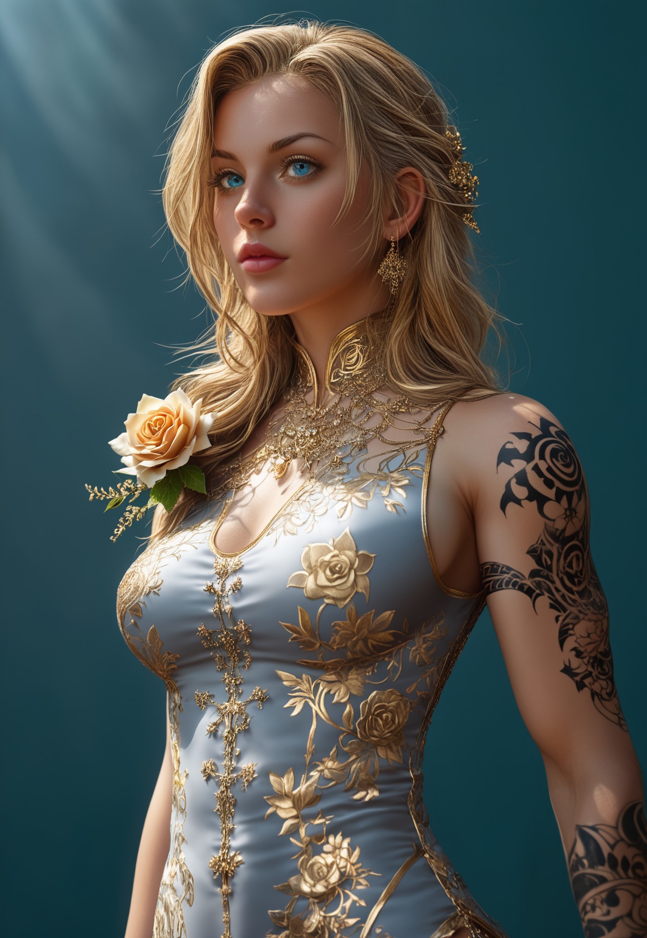 safe_pos, Caucasian, perfect body, safe_pos, Full sexy female, ornaments, flowers, golden jewelry, golden tattoos, fractal patterns, fully clothed, 8k UHD. A stunning blonde woman with blue eyes, wearing a form-fitting bodysuit with floral and fractal designs in blue, red, and gold. Intricate golden jewelry and tattoos. Background features golden roses and floral patterns, soft warm lighting, (((upper body)))
((standing, upper body shot, pose variation:1.5, alternate pose:1.5))
 (8k uhd:1,4)
 <lora:Dynamic Poses:1>
 <lora:detailed_notrigger:1>