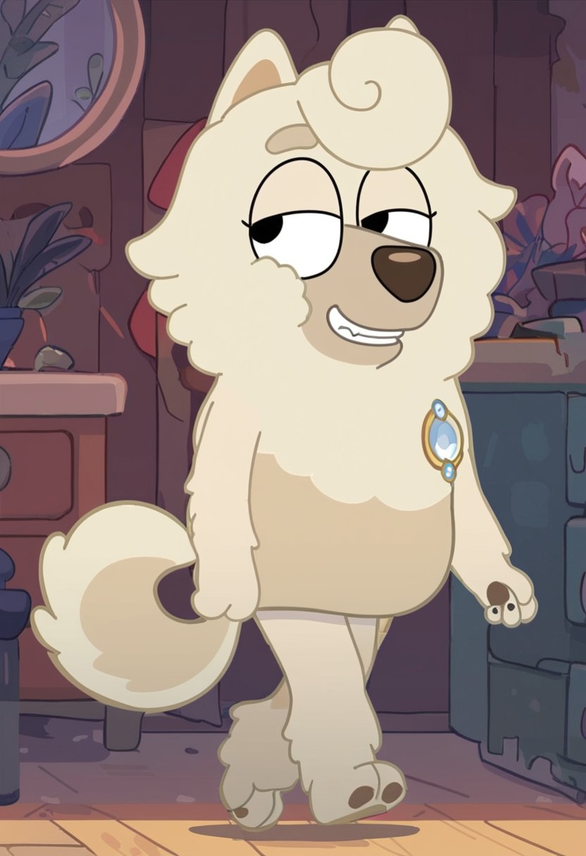score_7_up, score_8_up, score_9, masterpiece,  high quality,
WendyBluey, female, furry female, solo, 1girl, adult, cartoon, anthro dog, dog ears, chow chow, beige fur, black eyes, 
front hair curl, silver brooch, brown nose, dog tail, 
smiling, teeth, ((bedroom eyes)),
walking, full body view, full body