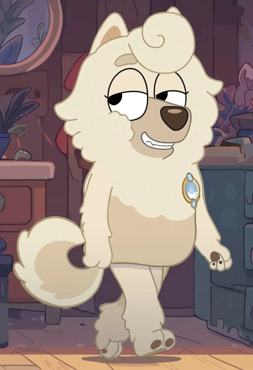 score_7_up, score_8_up, score_9, masterpiece, high quality,
WendyBluey, female, furry female, solo, 1girl, adult, cartoon, anthro dog, dog ears, chow chow, beige fur, black eyes,
front hair curl, silver brooch, brown nose, dog tail,
smiling, teeth, ((bedroom eyes)),
walking, full body view, full body