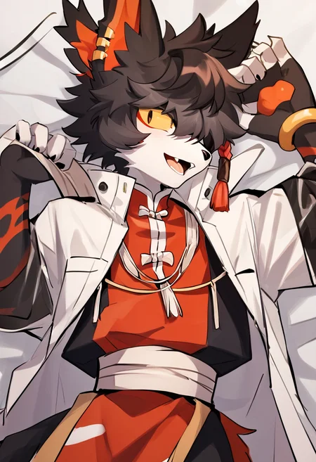aak, h341ing_h4nd, evi1_h34rt, furry, animal ears, yellow sclera, male, solo, seductive, open mouth, <lora:Aak:1>