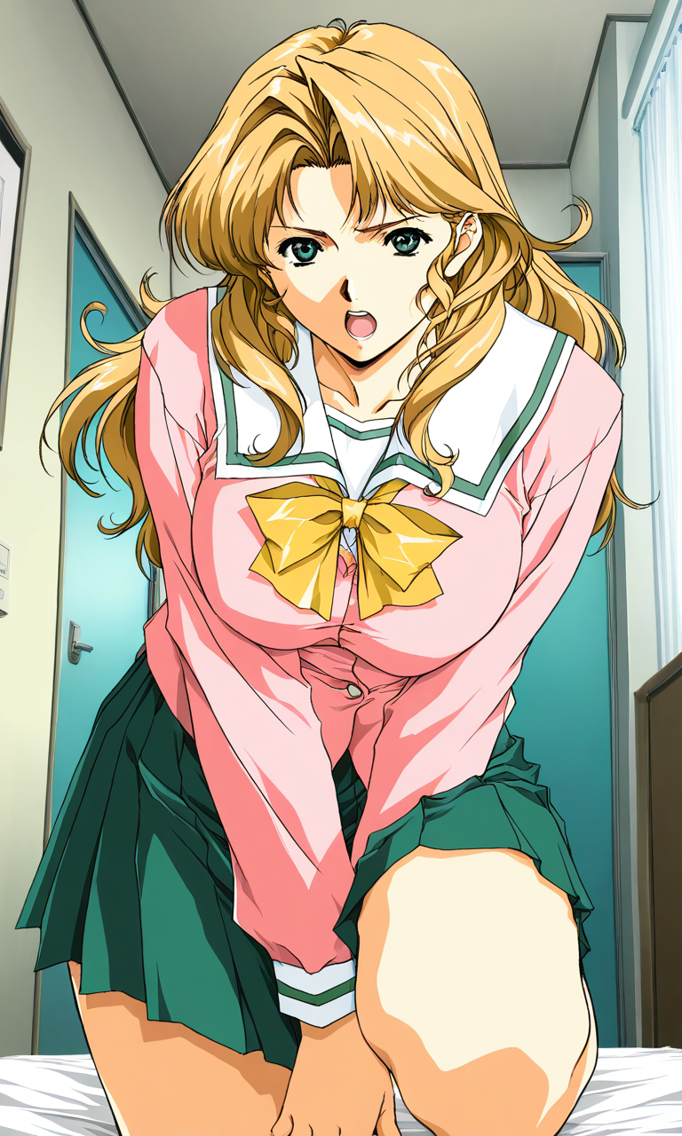 masterpiece, best quality, good quality, <lora:Maejima_Kaori_IS:1> 
Maejima_Kaori,1girl, long hair, blonde hair,green eyes, large breasts, pink jacket, Yellow bow, 
 horibe hiderou style,
slant eyes,
open mouth,
solo, school uniform, green skirt, serafuku, long sleeves, pleated skirt, bow, looking at viewer, shirt,
apartment house, room.