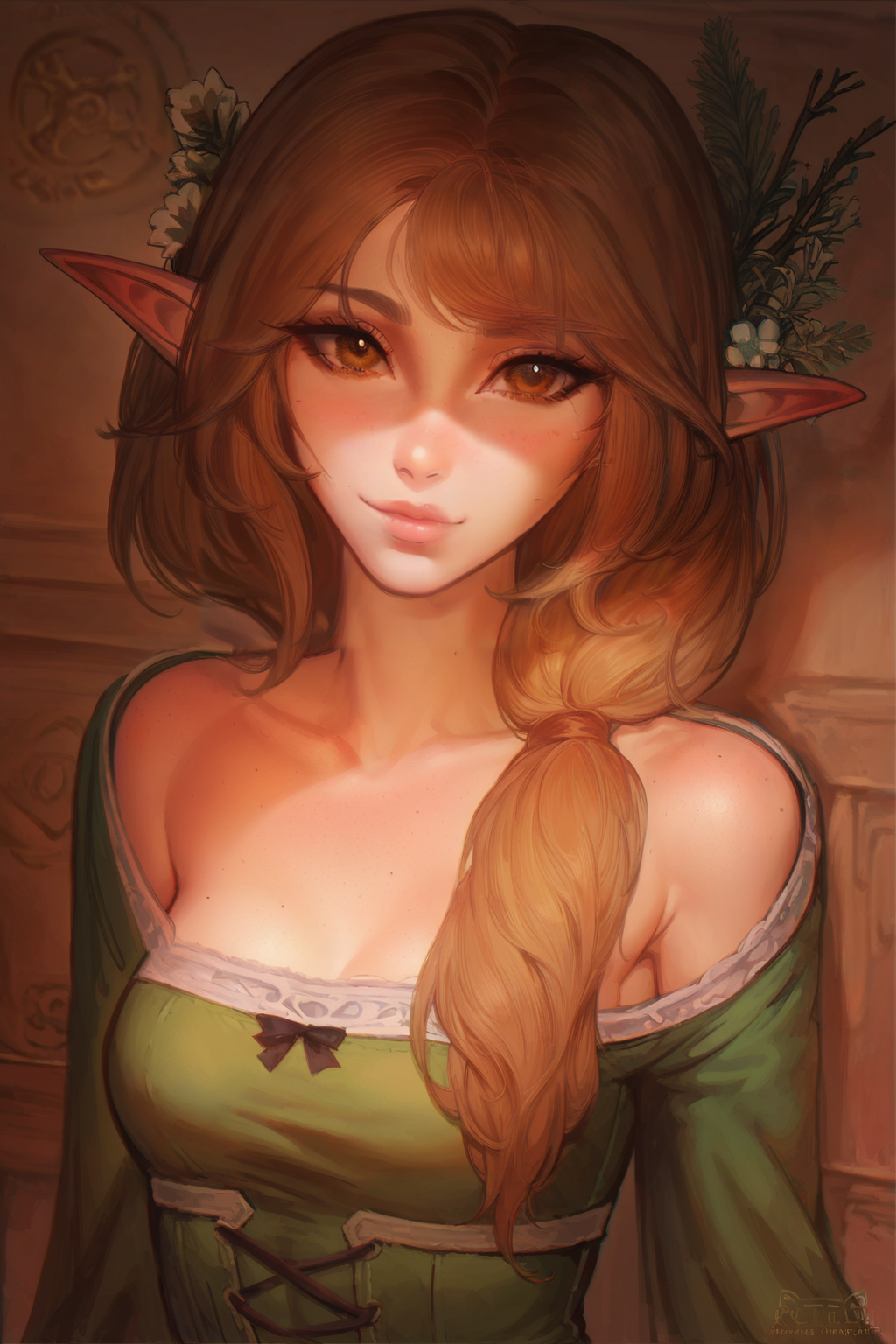 score_9, score_8_up, score_7_up, score_6_up, 4RCH0N, 
1 female, solo, portrait, looking at viewer,
elwyn, elf ears, brown hair, brown eyes, hair over one shoulder, 
thin, petite, lips, cute,
<lora:Elwyn:0.9>
<lora:Kittew-4RCH0N:1>