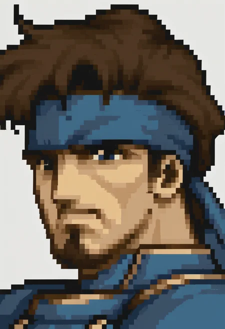 score_9, score_8_up, score_7_up, source_anime, solo, 1boy
<lora:zs_FE4PortraitsXL:1> fe4portraits, portrait, pixel art, white background
<lora:solidsnake-pdxl-nvwls-v1:1> solidsnake, brown hair, beard, facial hair, blue headband, blue bodysuit, mature male