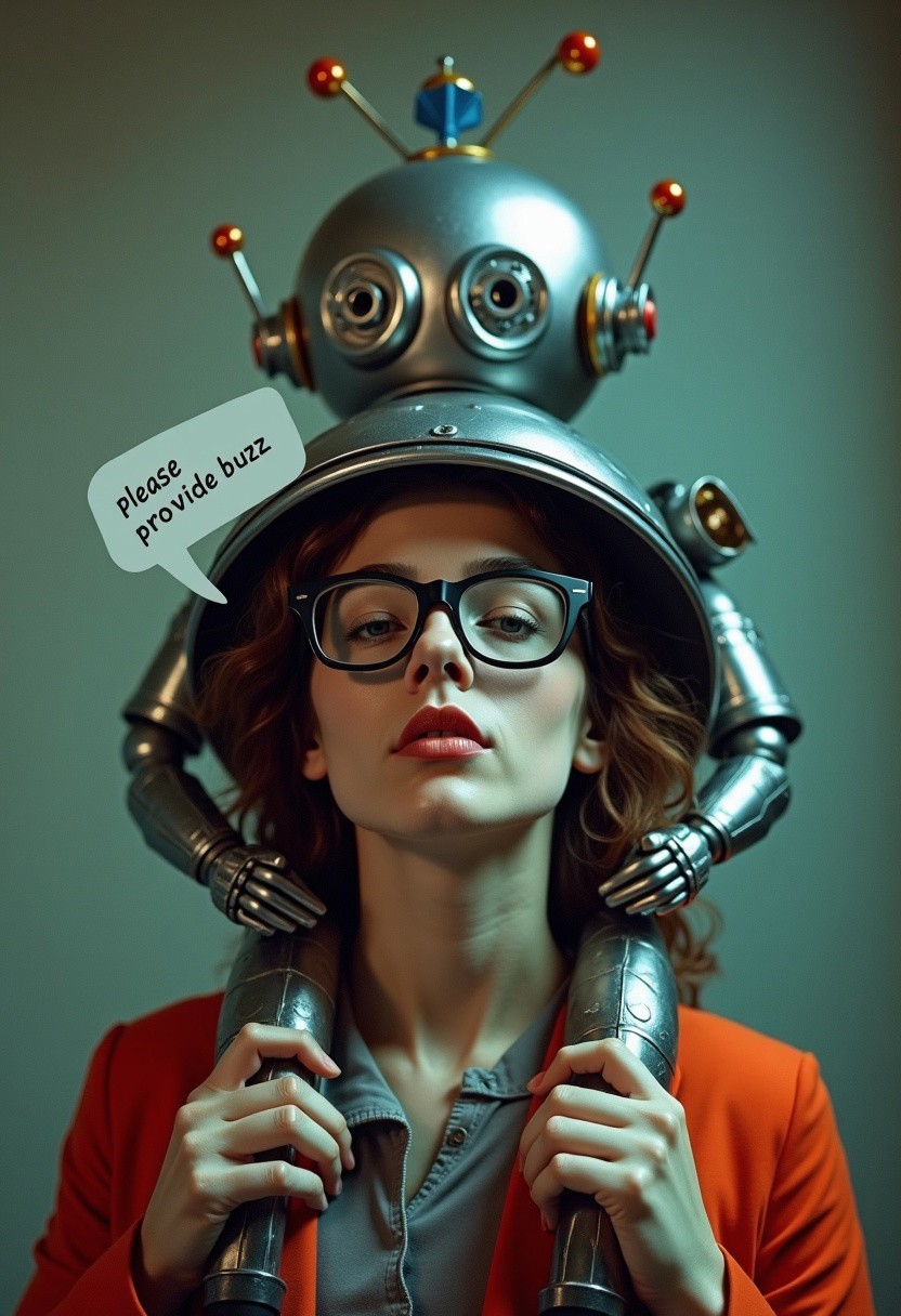 [A ((foundfootage style film still image) verywideangle photograph (photograph taken from a skewed angle), (foundfootage/ shakeycam style))],
 ((a hypnotic geeky woman is seen wearing thick glasses and a shiny metal bowl on her head), (her eyes are white/ rolled back), (on top of the bowl on her head is a retrofuturist style radio antenna), (a speechbubble is visibly seen coming from the geeky woman's mouth and in the speechbubble the text "Please provide buzz" is seen printed in legible font , only the words, "Please provide buzz" are seen in the speechbubble))
<<BREAK>>
((An evil looking retrofuturist metal robot with a blue hexagon , is seen holding a large remote control with an antenna), the robot is riding on the shoulders of the geeky woman)),
[dystopian coalpunk theme, bleak cinematic photograph, dynamic, uhd 16k photograph , ((double exposures)),  very detailed background, ornate details, very detailed background, ]