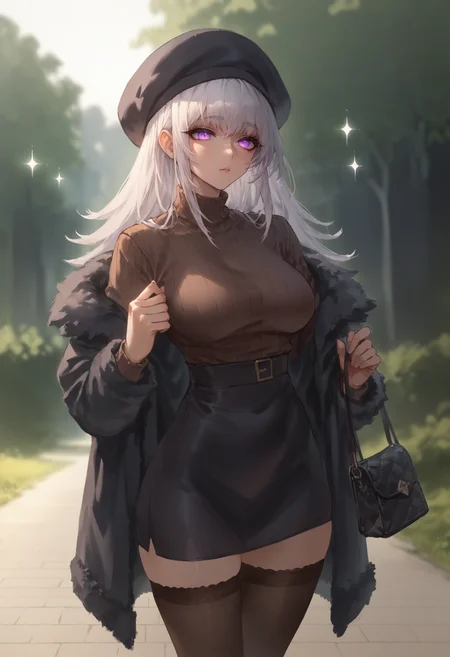 zPDXL, hi res, outside, park, soft lighting, sparkles
BREAK 1girl, syndranormal, white hair, glowing eyes, purple eyes, casual clothing, cozy, hat, fur coat, turtleneck sweater, skirt, stockings, handbag
<lora:scoreSlider_ponyXL_v10:1> <lora:Syndra_ponyXL_v10:0.8> <lora:polki_ponyXL_v10:0.8>