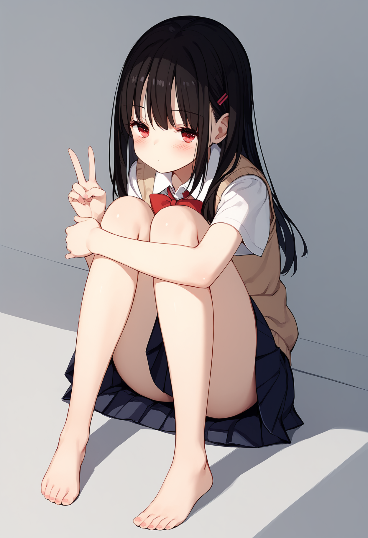 score_9, score_8_up, score_7_up,source_anime,rating_explicit,uncensored,anatomically correct,best perspective BREAK
1girl, solo, <lora:ã³ã­ã¤(binetsu)style:0.8> binetsustyle,black hair, long hair, red eyes, blush, sitting,  expressionless,school uniform, barefoot, double_v,