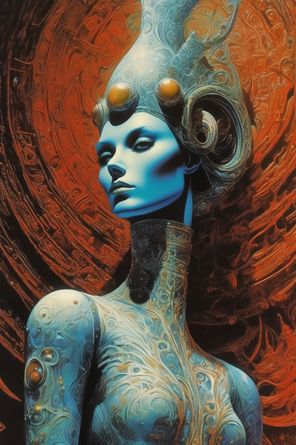 <lora:Philippe Druillet Style:1>Philippe Druillet Style - In the unpublished and breathtaking image from the Yragal album by Philippe Druillet, the essence of the Master's artistry shines through with remarkable clarity. Close-up of an extraordinary androgine figure dressed in the style of Druillet figures, fantastic and extraordinary animals, Druillet clothes, old and extraordinary city, water. The vertical composition, elegantly presented, unveils a scene of unparalleled world that resonates perfectly with the spirit of the album. Prepare to be mesmerized by the sheer originality that permeates every aspect of this artwork. As your eyes wander across the canvas, you'll encounter a harmonious fusion of elements that defy convention and ignite the imagination. It is a visual symphony that stands as a testament to Druillet's boundless creativity. Vibrant and sublime colors dominate the image, bursting forth with a luminosity that captivates the viewer. The hues intertwine seamlessly, creating a rich tapestry that evokes a profound sense of awe. vibrant bursts of intensity, the color palette is carefully orchestrated to evoke emotions and transport you to a realm of pure visual delight. Within this captivating tableau, Yragal comes to life. Incredble landscapes unfold, adorned with surreal and fantastical elements that blur the lines between reality and imagination. Druillet's artistic mastery is evident in the intricate details meticulously woven into the image. Each stroke of the brush or pen contributes to the overall narrative, telling a story that is open to interpretation and invites contemplation. The composition invites you to delve into the depths of its symbolism and immerse yourself in the profound beauty it offers. This painting should transport us to a realm where the extraordinary will become ordinary, where the imagination will reign supreme and where the legacy of Druillet' "Yragal" album will endure. This unique jewel will sum up the essence of the Master's art, because it will dazzle with its originality, its beauty and the sublime colors that will spring from its core. Action, Highly Impressive & Realistic Poses, Hyper-detailed, Insane Details, Intricate Details, Cinematics, Editorial Art, Photo Shoot, Tilt Blur, Super-Resolution, Megapixels, Unreal Engine 5, Studio Lighting, Volumetric, Optical, Diffusion Glowing, Shadows, Proportions, Rough, Shimmery, Ray Tracing Reflections, Glossy, Lumen Reflections, Screen Space Reflections, Diffraction Rating, Chromatic Aberration, GB Shift, Ray Tracing, Ray Tracing Ambient Occlusion Anti-Ali asing, Post-Processing, Post-Production, Cel Shading, Tone Mapping, Incredibly Detailed and Intricate, Hypermaximalist, Sleek, Hyper Realistic, Super Detailed, Dynamic Pose, Hyperrealism, 8k