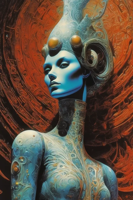 <lora:Philippe Druillet Style:1>Philippe Druillet Style - In the unpublished and breathtaking image from the Yragal album by Philippe Druillet, the essence of the Master's artistry shines through with remarkable clarity. Close-up of an extraordinary androgine figure dressed in the style of Druillet figures, fantastic and extraordinary animals, Druillet clothes, old and extraordinary city, water. The vertical composition, elegantly presented, unveils a scene of unparalleled world that resonates perfectly with the spirit of the album. Prepare to be mesmerized by the sheer originality that permeates every aspect of this artwork. As your eyes wander across the canvas, you'll encounter a harmonious fusion of elements that defy convention and ignite the imagination. It is a visual symphony that stands as a testament to Druillet's boundless creativity. Vibrant and sublime colors dominate the image, bursting forth with a luminosity that captivates the viewer. The hues intertwine seamlessly, creating a rich tapestry that evokes a profound sense of awe. vibrant bursts of intensity, the color palette is carefully orchestrated to evoke emotions and transport you to a realm of pure visual delight. Within this captivating tableau, Yragal comes to life. Incredble landscapes unfold, adorned with surreal and fantastical elements that blur the lines between reality and imagination. Druillet's artistic mastery is evident in the intricate details meticulously woven into the image. Each stroke of the brush or pen contributes to the overall narrative, telling a story that is open to interpretation and invites contemplation. The composition invites you to delve into the depths of its symbolism and immerse yourself in the profound beauty it offers. This painting should transport us to a realm where the extraordinary will become ordinary, where the imagination will reign supreme and where the legacy of Druillet' "Yragal" album will endure. This unique jewel will sum up the essence of the Master's art, because it will dazzle with its originality, its beauty and the sublime colors that will spring from its core. Action, Highly Impressive & Realistic Poses, Hyper-detailed, Insane Details, Intricate Details, Cinematics, Editorial Art, Photo Shoot, Tilt Blur, Super-Resolution, Megapixels, Unreal Engine 5, Studio Lighting, Volumetric, Optical, Diffusion Glowing, Shadows, Proportions, Rough, Shimmery, Ray Tracing Reflections, Glossy, Lumen Reflections, Screen Space Reflections, Diffraction Rating, Chromatic Aberration, GB Shift, Ray Tracing, Ray Tracing Ambient Occlusion Anti-Ali asing, Post-Processing, Post-Production, Cel Shading, Tone Mapping, Incredibly Detailed and Intricate, Hypermaximalist, Sleek, Hyper Realistic, Super Detailed, Dynamic Pose, Hyperrealism, 8k