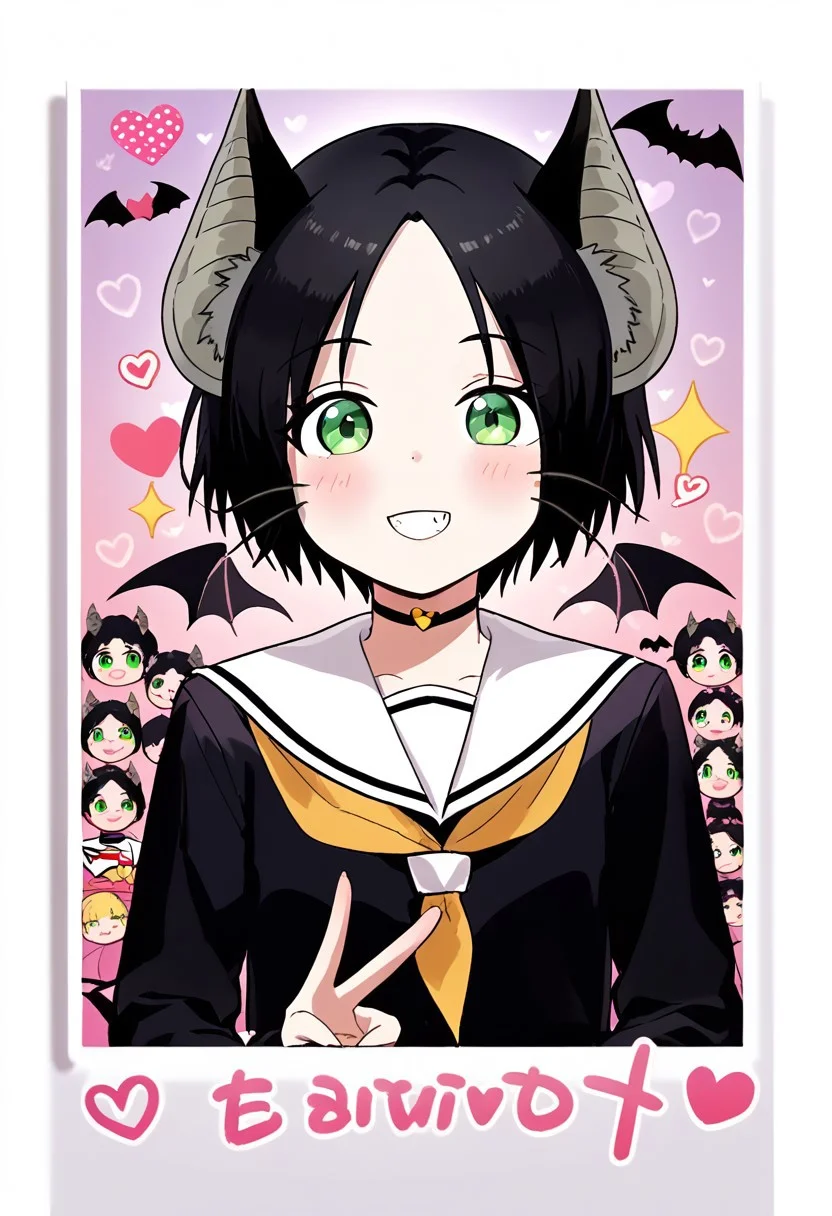 score_9, score_8_up, score_7_up, score_6_up, score_5_up, score_4_up,, 1girl, solo, original anime, Chii Suimori, bat girl, short hair, black hair, bat ears, fluff on ears, bald forehead, flat chest(green eyes: 1.1),
serafuku, urple shirt, Sailor collar, White Sailor collar, Long sleeves,
<lora:purikura-ponyxl-lora-nochekaiser:1> purikura, looking at viewer, blush, smile, teeth, heart, sparkle, white border, drawn hearts, drawn whiskers, drawn ears, drawn horns, face filter, drawn wings, drawn tail, peace sign, photo (object), solo, cowboy shot, dutch angle,, ,
