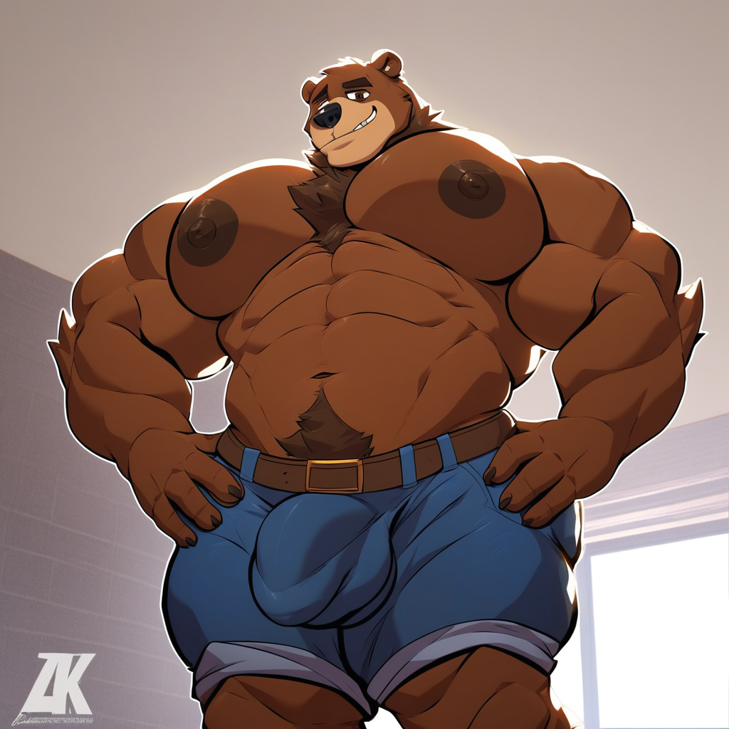 score_9, score_8_up, score_8, 2k, 4k, high res, furry, mango_juicebara, bear, brown fur, neck tuft, cartoon style, masterpiece, 2d (artwork), muscular male, bara, large nipples, huge pecs, thick thighs, wide hips, solo, low angle, chest focus, topless, blue jeans, belt, bulge, standing, hands on hips, smug expression, brown eyes, bedroom eyes, inside, house