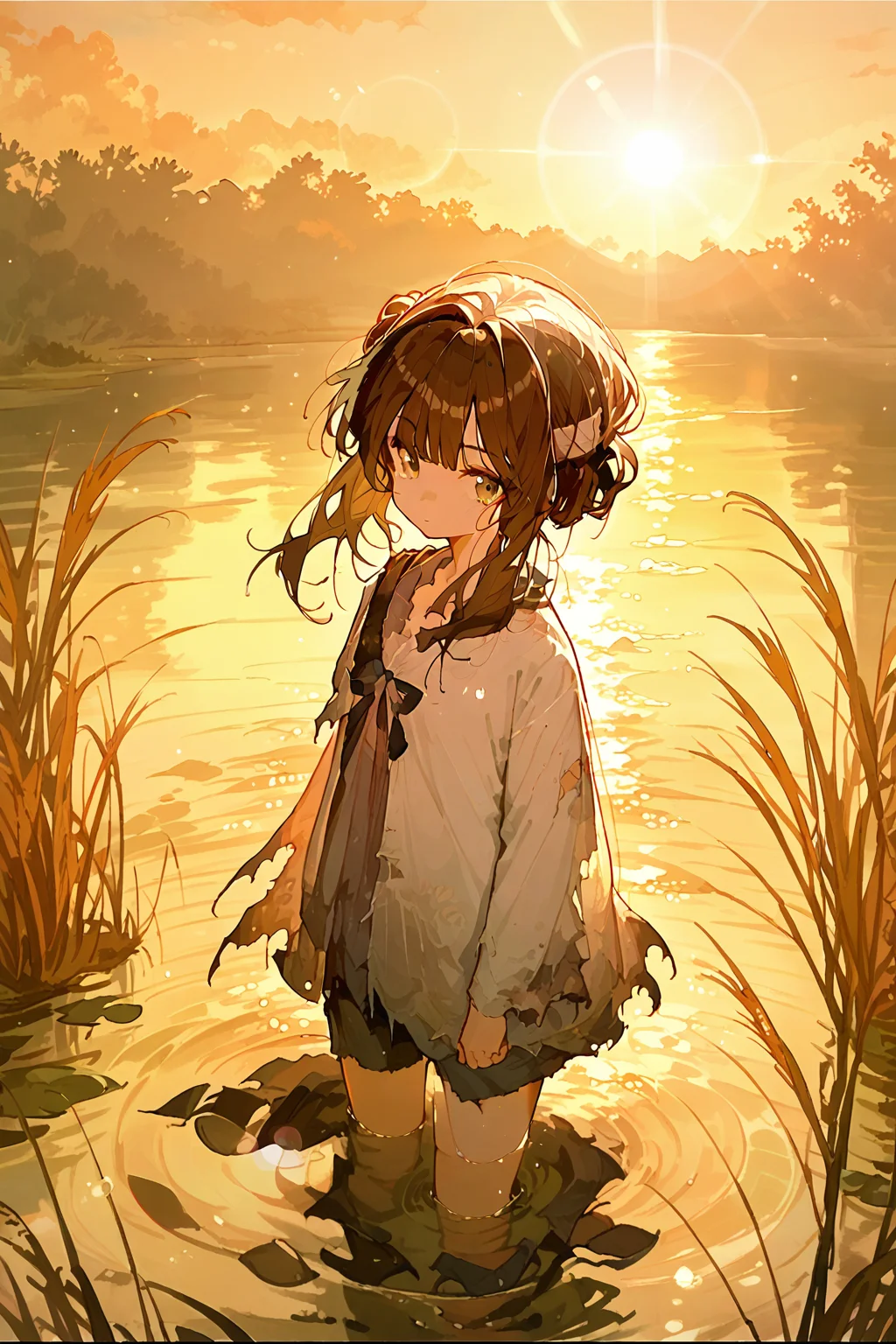 (score_9,score_8_up,score_7_up),<lora:mansui-v1:1>,mansui,1girl,solo,brown hair,wading,water,outdoors,looking at viewer,torn clothes,shirt,hair bun,closed mouth,bangs,sunset,long hair,ribbon,lens flare,sky,grass,sun,
good feet,anime,NSFW,expressive,amazing quality,ultra hd 32k,