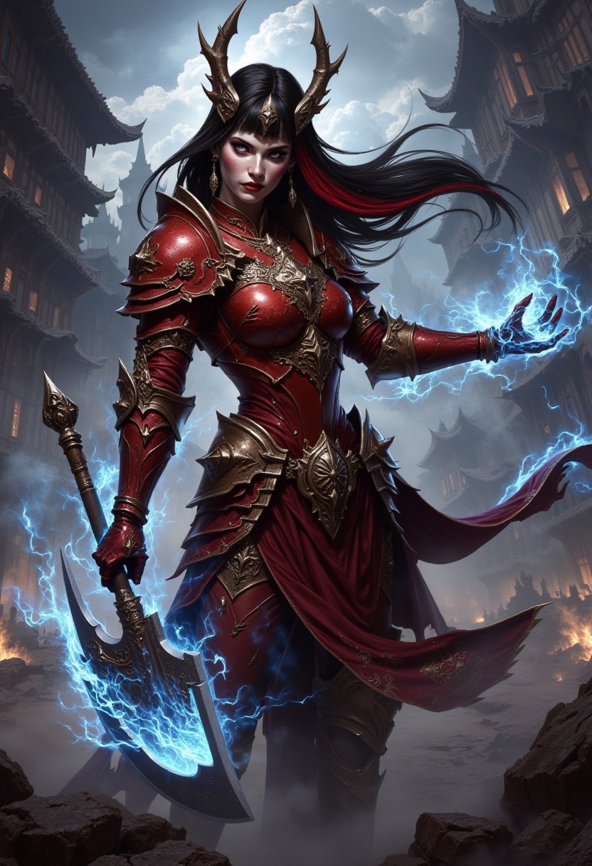 detailed renaissance oil painting, masterpiece, FredFraiStyle, an oriental female demon hellknight, in red plate armor with gold embellishments, long two-tone hair, black with red streaks, helmet, bangs, earrings, dark eyeshadow, red lips, wielding a spiked battleaxe charged with blue electricity, dynamic pose,in a battle in a fantasy city street, smoke hanging in the air, ruins and smoking damaged buildings, directional lighting, masterpiece, perfect composition, perfect hands, cowboy shot