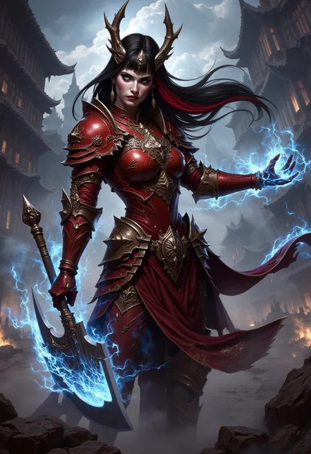 detailed renaissance oil painting, masterpiece, FredFraiStyle, an oriental female demon hellknight, in red plate armor with gold embellishments, long two-tone hair, black with red streaks, helmet, bangs, earrings, dark eyeshadow, red lips, wielding a spiked battleaxe charged with blue electricity, dynamic pose,in a battle in a fantasy city street, smoke hanging in the air, ruins and smoking damaged buildings, directional lighting, masterpiece, perfect composition, perfect hands, cowboy shot
