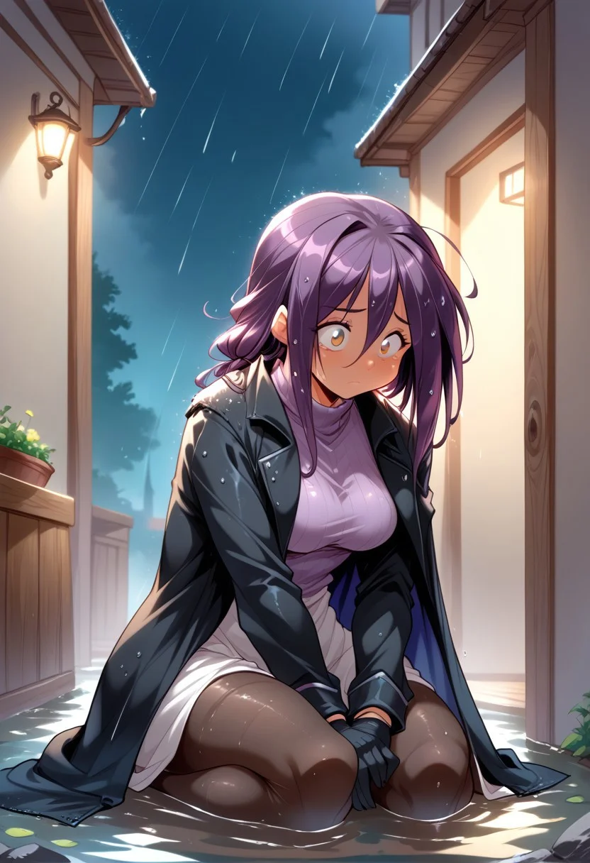 score_9, score_8_up, score_7_up, source_cartoon, solo, robot woman, black coat, purple turtleneck, black pantyhose, black gloves, (caught in the rain, on her knees, sad, wet, soaking wet hair:1.3), (indirect lighting, dynamic lighting:1.4), back alleyway, at night, (detailed image, high resolution, 5k resolution:1.0), (las lindas style), (anime Art Style:1.2)