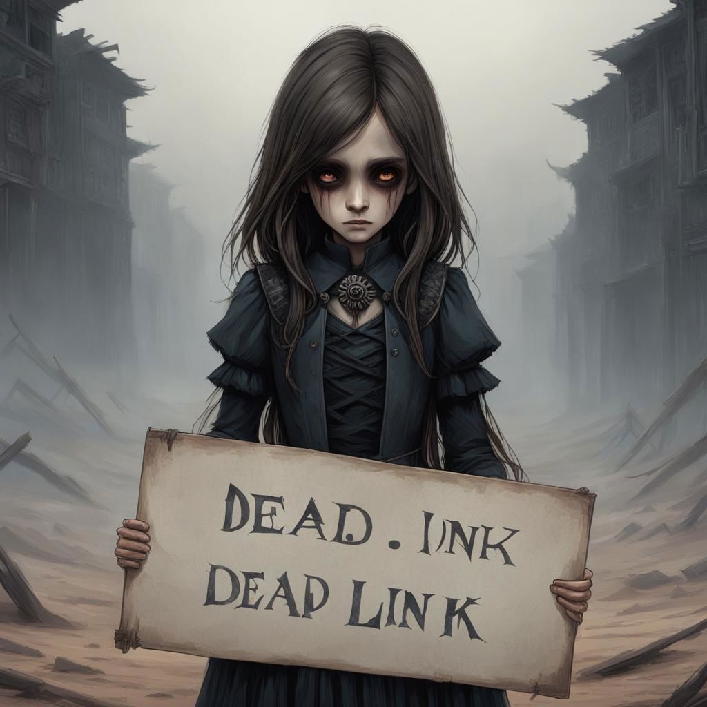 (((Ultra detailed, Megapixel))) 1girl, (((holding out a sign with a text "DEAD*LINK"))), by charlie bowater and dan mumford and trevor Brown, hands, terror, gloomy, dark, blank face, no face, wasteland background, no mouth, no eyes, long hair