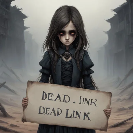 (((Ultra detailed, Megapixel))) 1girl, (((holding out a sign with a text "DEAD*LINK"))), by charlie bowater and dan mumford and trevor Brown, hands, terror, gloomy, dark, blank face, no face, wasteland background, no mouth, no eyes, long hair