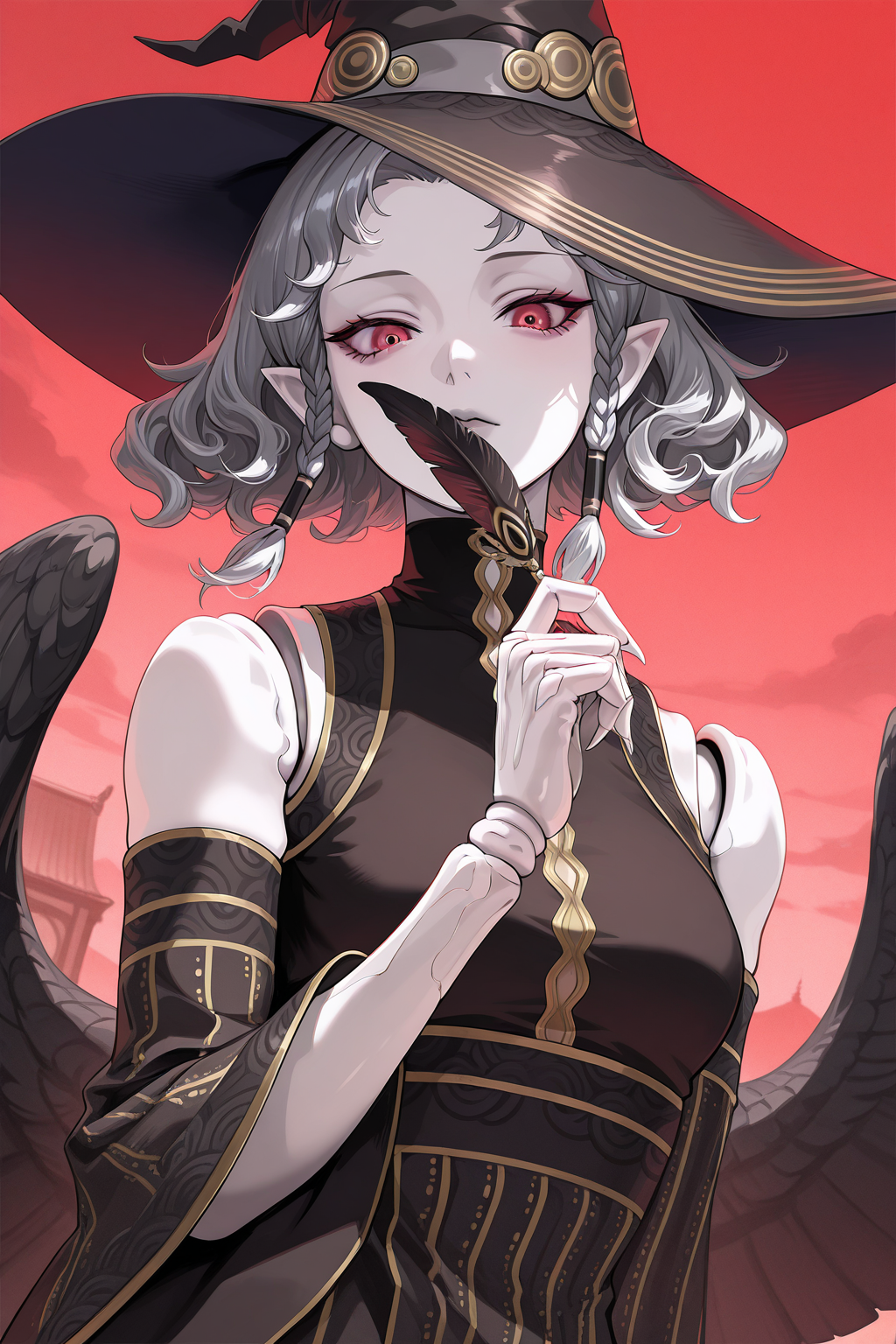 1girl, AgratBatMahlatShinMegamiTensei, 
general, solo, pov dating, dutch angle, upper body, close-up,
short hair, side braids,
beautiful eyes, grey lips, pale skin, pointy ears, joints, doll joints, claws,
witch hat,
black dress, detached sleeves, wide sleeves,
feathered wings,
looking at viewer, holding feather,
red sky, 
<lora:kp_AgratBatMahlatShinMegamiTenseiIllustrious_v1_0:1.0>,
masterpiece, best quality, amazing quality