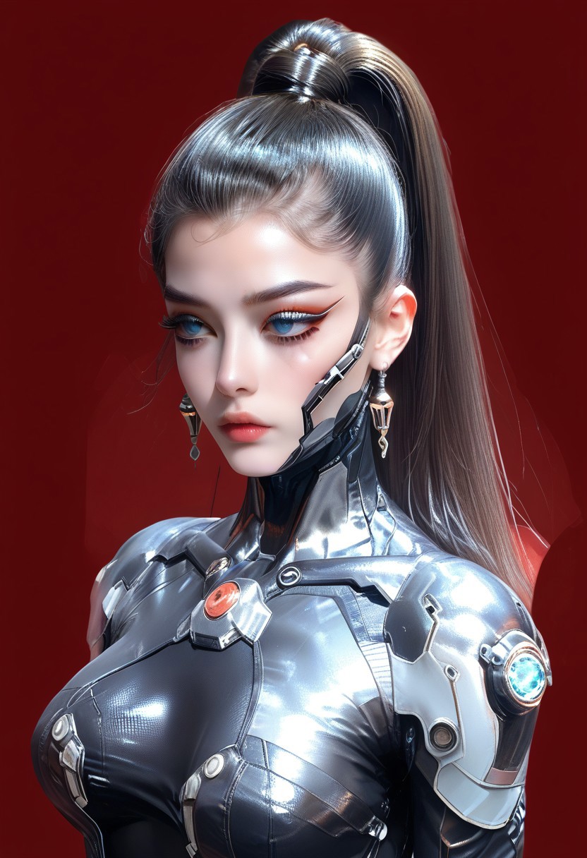 1girl, pretty girl, korean  solo, black hair, long hair, beautiful hair, sleek hair, high ponytail,  long ponytail,superp0nytail,, blue eyes,  large breasts, seductive,
ruanyi0868,bodysuit,science fiction,skin tight
 makeup,earrings,,long eyelashes,perfect body,(half upper body:1.3),
score_9,score_8_up,score_7_up,