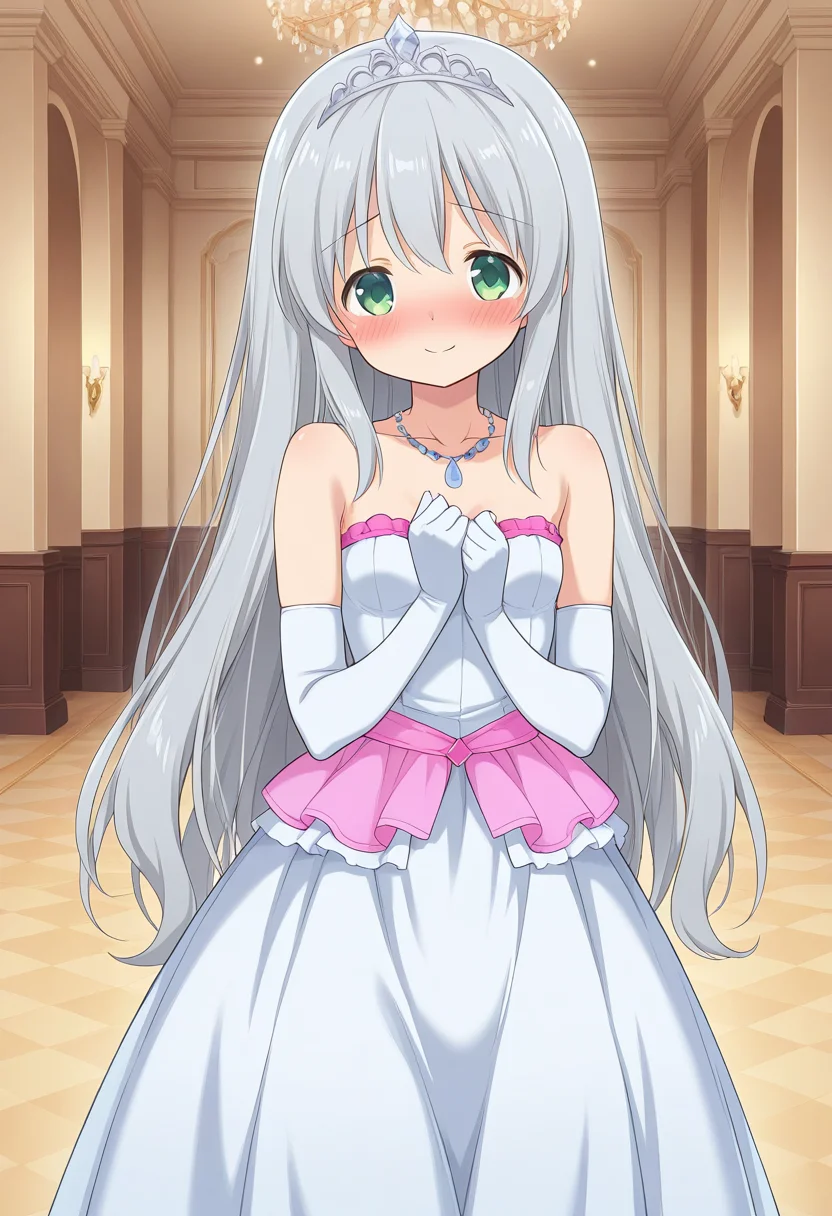 1girl, solo, lalaciellalanciel, grey hair, very long hair,, hair down, green eyes, white gloves, elbow gloves, white dress, sleeveless, bare shoulders, collarbone, silver tiara, necklace, princess outfit, indoors, ballroom, standing, shy, blush, smile, looking at viewer, cowboy shot,