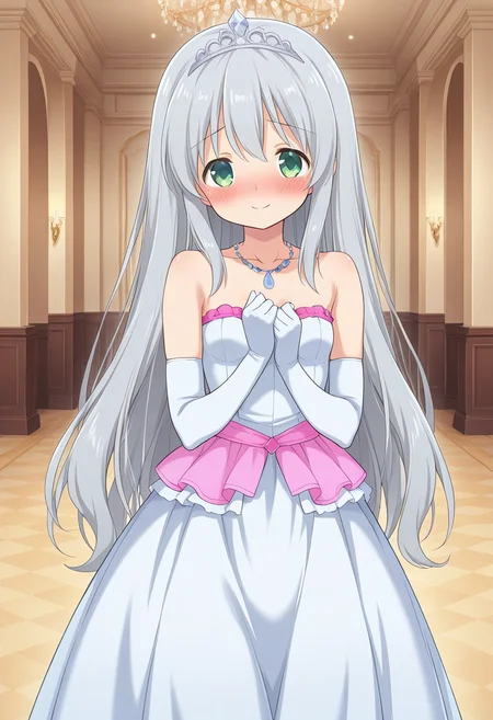 1girl, solo, lalaciellalanciel, grey hair, very long hair,, hair down, green eyes, white gloves, elbow gloves, white dress, sleeveless, bare shoulders, collarbone, silver tiara, necklace, princess outfit, indoors, ballroom, standing, shy, blush, smile, looking at viewer, cowboy shot,