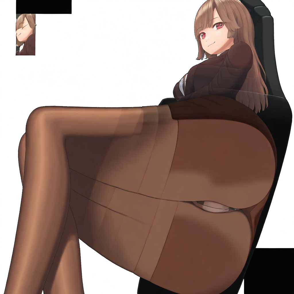 lifted skirt, pantyshot, closed mouth, pencil skirt, on side, white background, smile, skirt, brown pantyhose, highlighted area, 1girl, formal, simple background, sleeping, , looking at viewer, red eyes