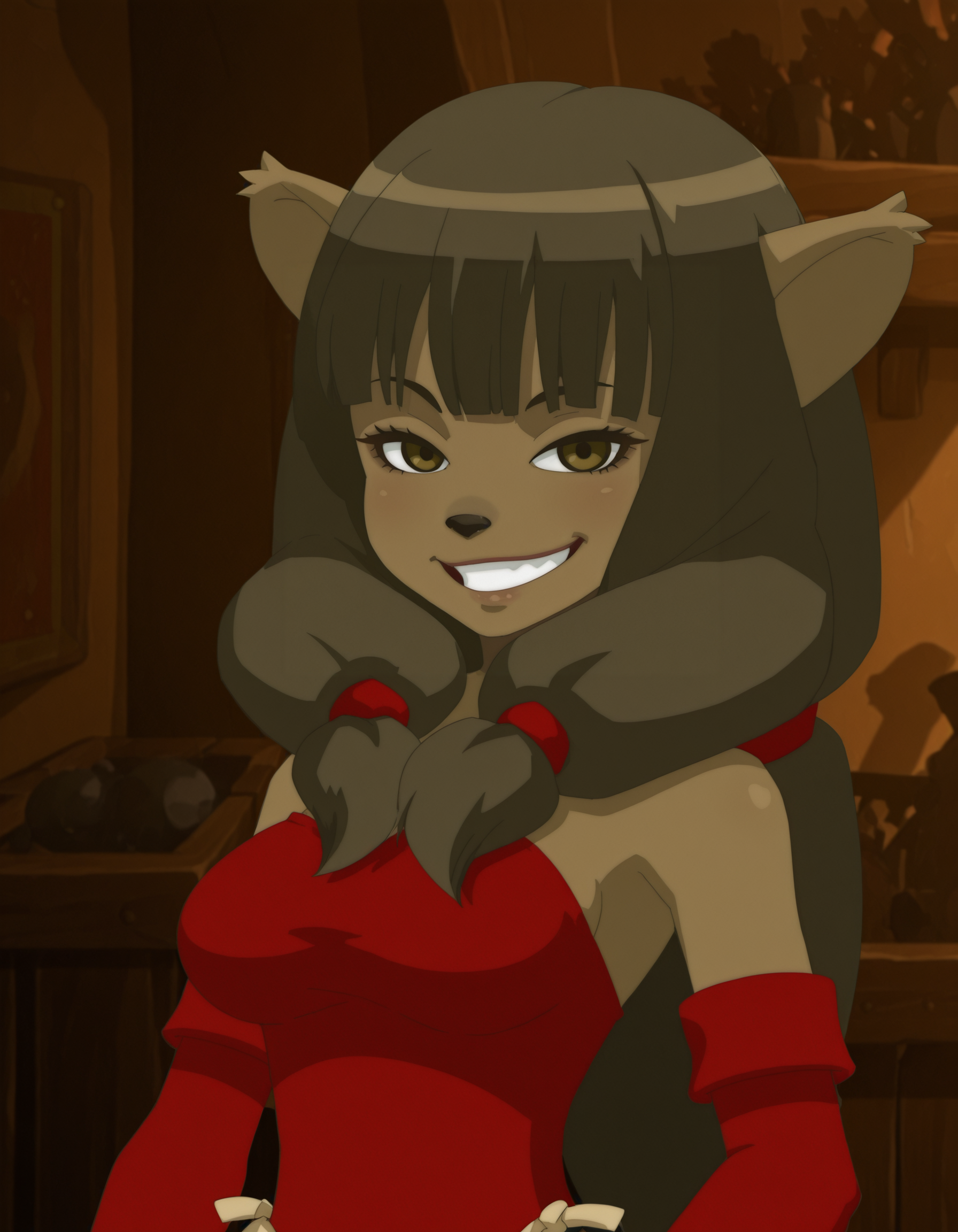 miranda, gloves, 1girl, furry, long hair, animal ears, elbow gloves, furry female, smile, dress, black hair, breasts, solo, looking at viewer, upper body,indoors, teeth, grin,  <lora:MirandaIllustrious1.0JLFO:1.0>