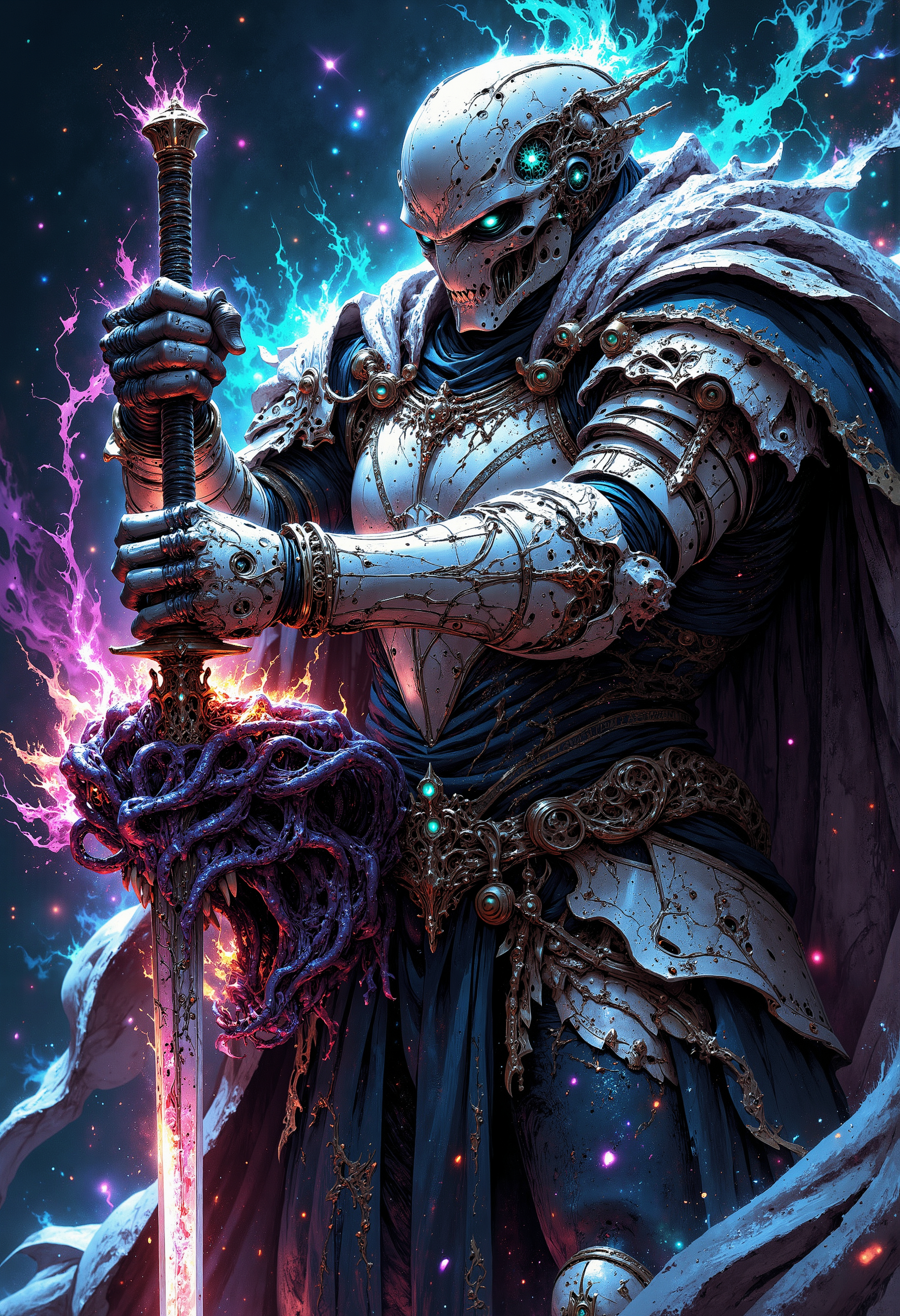A hyper-realistic super closeup portrait, photorealistic, in the vast expanse of outer space a noble knight in an intricately designed white armor, shimmering with ethereal blues and purples. decapitating a monster with a radiant sword that emits a pulsating glow. Fighting a dark purple alien monster. This monster has tentacles as his lips and huge eyes. A swirling nebula bathes the scene in hues of pink, turquoise, and violet. 
The knight's cape billows dramatically behind him. Surrounding them, cosmic dust dances in the cold vacuum of space. The Knight's sword is decapitating the monster's head, blood leaks out.
The knight's helmet inspire peace and glory.
Telephoto lens image, bokeh, professional, 4k, highly detailed