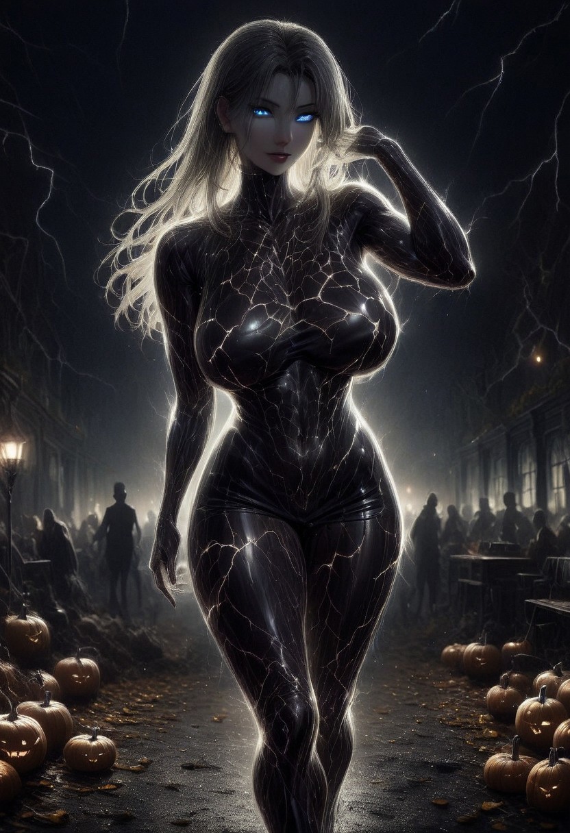 sexy female, milf, score_9, score_8_up, score_7_up, score_6_up, score_5_up, score_4_up, UHD, 8K, masterpiece, detailed, ultra_high_resolution, lots of detail, OverallDetailXL, detailxl, regalres, Masterpiece, 32k, photorealistic:1.4, score_9, score_8_up, score_7_up, Caitlin, HANDS BEHIND THE HEAD, HANDS HIDDEN, small waist, fitness body, toned muscles, wide hips, slender legs, high cheekbones, oval face, 32 years old, mature female, milf,  makeup, curvy, large breasts, pretty face, SUPERMODEL, HUGE BREASTS,  jewelry, labcoat, solo, lillybunz, skin tone style, realistic skin, only illuminated by the setting sun, golden glow, sunset, large window,colorful autumn trees outside, indoors, decorated atrium, school, school hall, many different Halloween decorations, These decorations are at least , jack-o'-lantern, pumpkin lantern, spiderweb, skull, devil head, skeleton, ghosts, large fake spider, bat, bats, supermodel, seductive smile, sultry, serious stare, stern look, close-up, bend forward, natural skin, long hair, massive breasts, sexy posture, belt, white skirt, short skirt, blue eyes, blue sash, decorations, horror scene, horror scene, dark, glowing eyes, mad-lgthng, lightning.