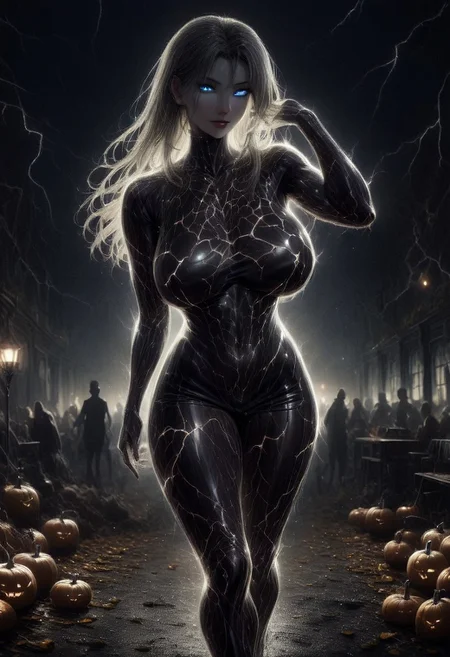 sexy female, milf, score_9, score_8_up, score_7_up, score_6_up, score_5_up, score_4_up, UHD, 8K, masterpiece, detailed, ultra_high_resolution, lots of detail, OverallDetailXL, detailxl, regalres, Masterpiece, 32k, photorealistic:1.4, score_9, score_8_up, score_7_up, Caitlin, HANDS BEHIND THE HEAD, HANDS HIDDEN, small waist, fitness body, toned muscles, wide hips, slender legs, high cheekbones, oval face, 32 years old, mature female, milf, makeup, curvy, large breasts, pretty face, SUPERMODEL, HUGE BREASTS, jewelry, labcoat, solo, lillybunz, skin tone style, realistic skin, only illuminated by the setting sun, golden glow, sunset, large window,colorful autumn trees outside, indoors, decorated atrium, school, school hall, many different Halloween decorations, These decorations are at least , jack-o'-lantern, pumpkin lantern, spiderweb, skull, devil head, skeleton, ghosts, large fake spider, bat, bats, supermodel, seductive smile, sultry, serious stare, stern look, close-up, bend forward, natural skin, long hair, massive breasts, sexy posture, belt, white skirt, short skirt, blue eyes, blue sash, decorations, horror scene, horror scene, dark, glowing eyes, mad-lgthng, lightning.