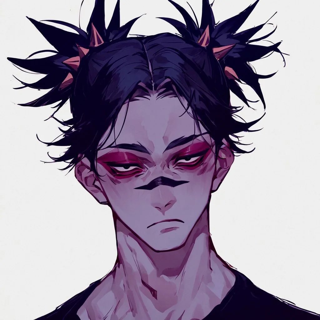 score_9, score_8_up, score_7_up, score_6_up, source_anime, white background, black hair, spiked pigtails, maroon eyeshadow, dark circles under eyes,
colorful, bright
1boy, solo, male focus