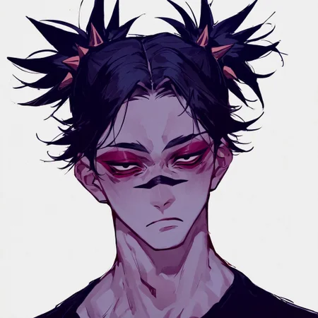 score_9, score_8_up, score_7_up, score_6_up, source_anime, white background, black hair, spiked pigtails, maroon eyeshadow, dark circles under eyes,
colorful, bright
1boy, solo, male focus