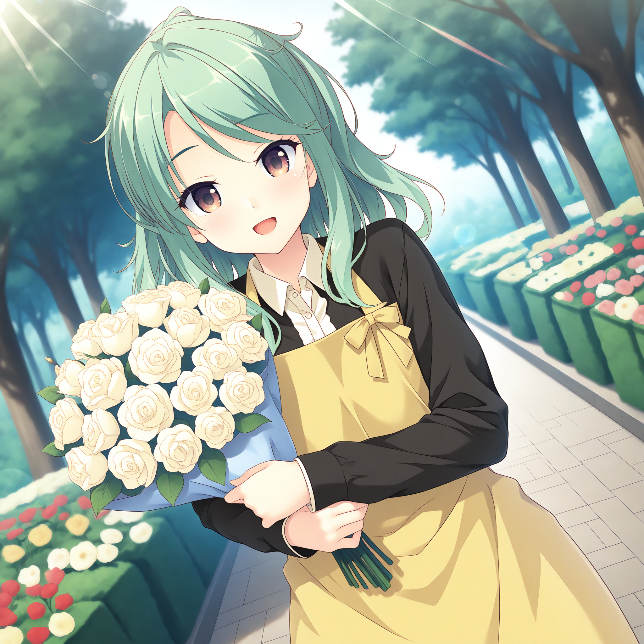<lora:Kitaooji_Karen_1_nai-000075:1>,Kitaooji Karen,
long sleeves,black shirt,yellow apron,collared shirt,
1girl,solo,holding,flower,smile,depth of field,lens_flare,dutch angle,holding bouquet,looking at viewer,outdoors,front view,straight-on,head tilt,open mouth,