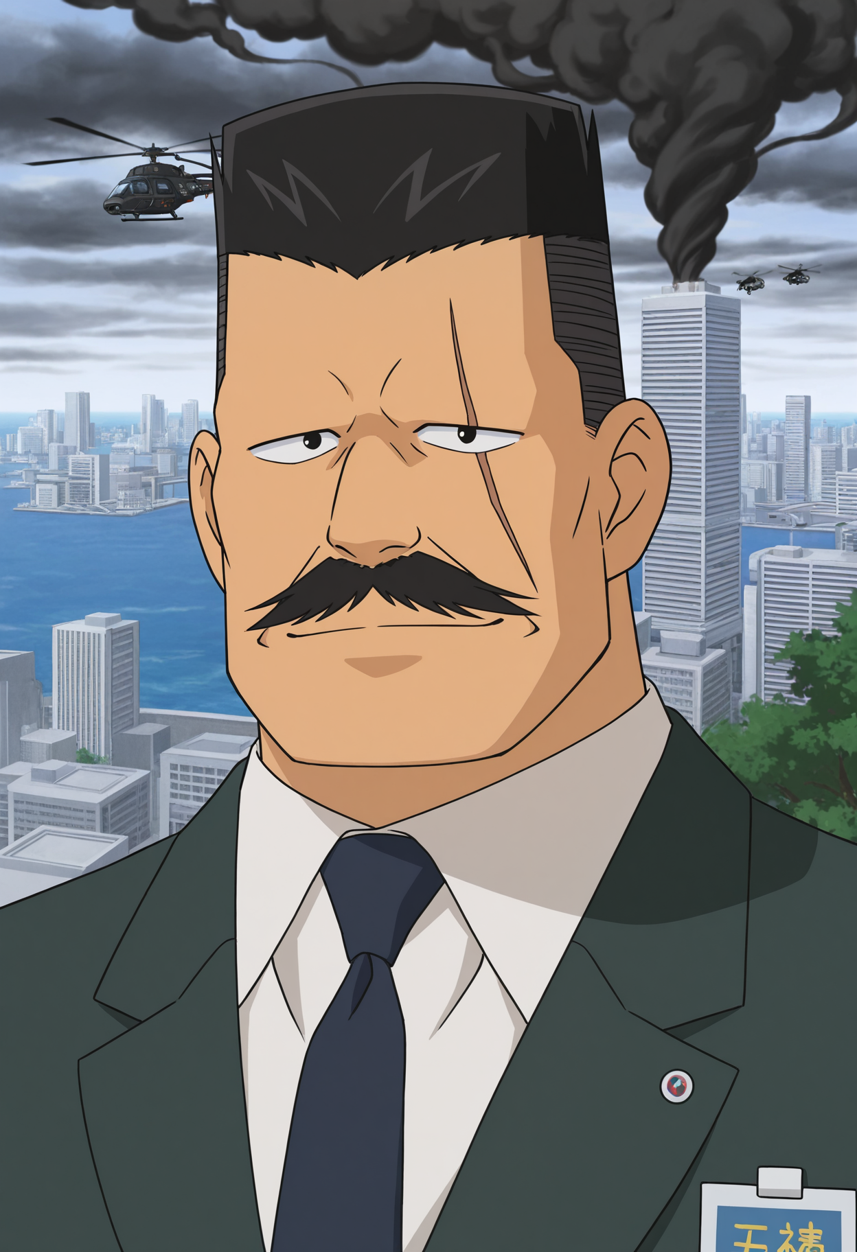 1boy, dust cloud, (portrait:1.7), standing, looking at viewer, light smile,
BREAK
<lora:Kiyonaga_Matsumoto_from_Detective_Conan_v1.1:1> (plump:1.2),
kiyonagamatsumoto, mature male, black hair, no eyebrows, flattop, thick mustache, forked mustache, scar across eye, anime screenshot,
BREAK
dark green suit, collared shirt, white shirt, dark blue necktie, black footwear, id card, badge, wristwatch, lapel pin,
BREAK
(ocean:1.2), city, cityscape, day, smoke, explosion, skyscraper, attack helicopter, tree, dappled sunlight, dark clouds, tornado,
BREAK
very awa, masterpiece, best quality, absurdres, newest, perfect quality, detailed background, intricate details,
