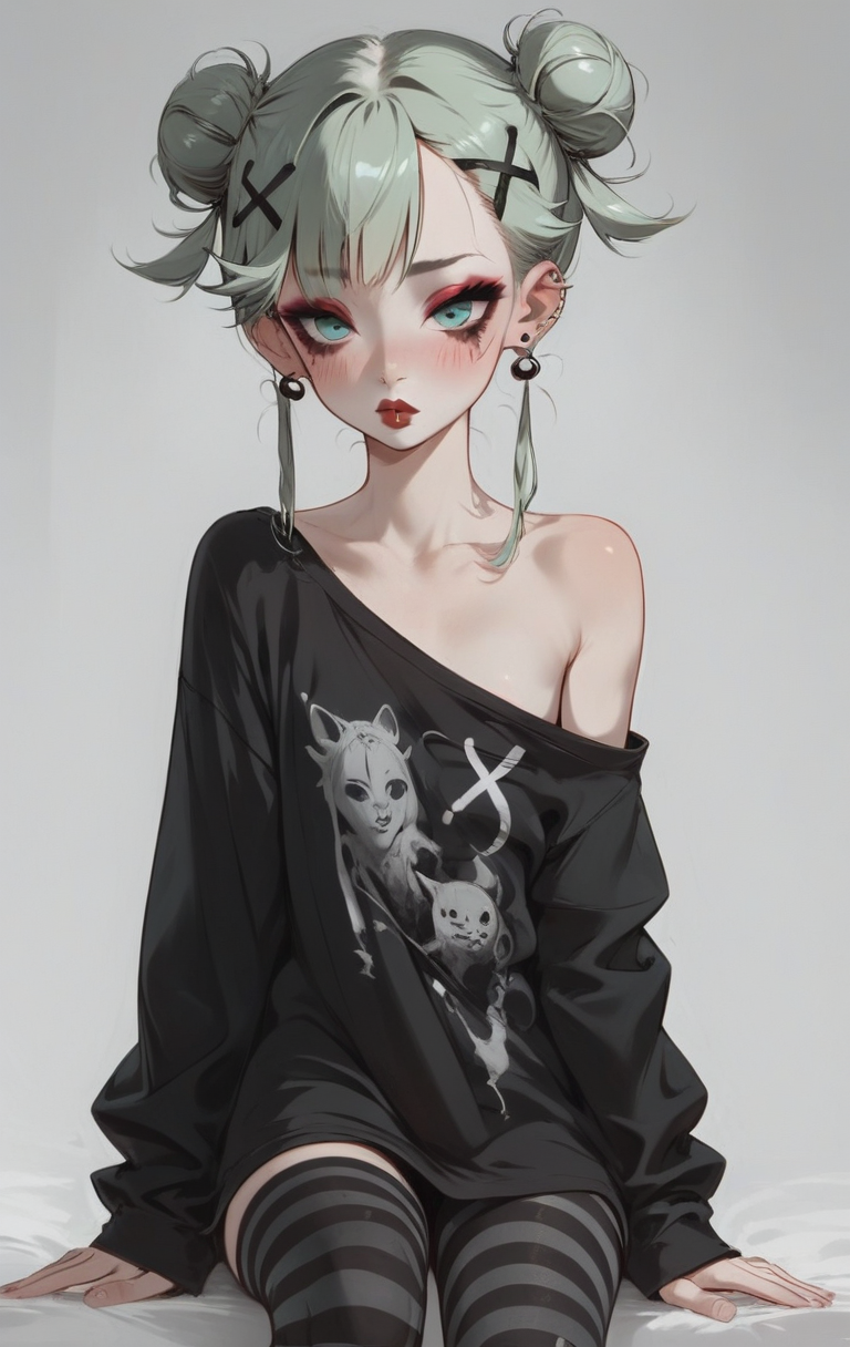 score_9, score_8_up, score_7_up, 1girl, aqua eyes, pale skin, puffy lips, makeup, eye contact, hairclip, light green hair, very short hair, hair up, double bun, hair flaps, asymmetrical bangs, long bangs,  x hair ornament, dark red lips, red eyeshadow, mascara, eyeliner,  stud earrings, piercing, blush, flat chest, black t-shirt, oversized shirt, oversized clothes, open shoulders, no sleeves, black leggings, striped leggings, <lora:easynegative:1> <lora:Expressive_H:1> <lora:Concept Art Eclipse Style LoRA_Pony XL v6:1> <lora:ph1lt0m4t0XLP:0.4> ph1lt0m4t0 <lora:OldAnimeStyle_XL_v3:0.4> <lora:princess_xl_v2:0.3>