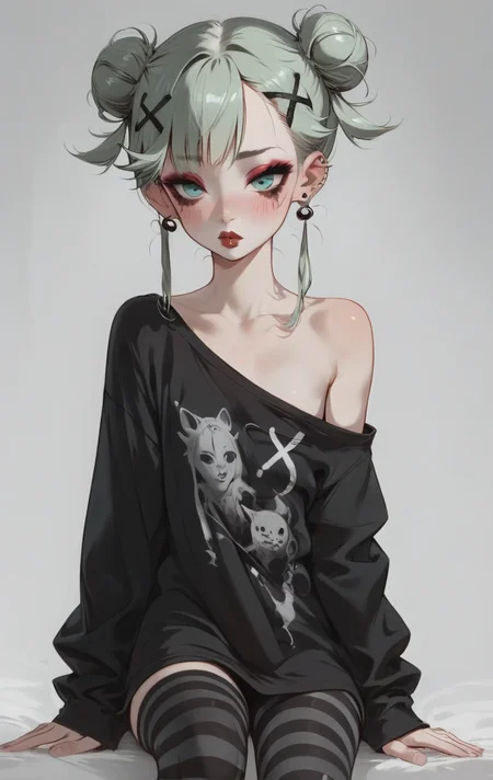 score_9, score_8_up, score_7_up, 1girl, aqua eyes, pale skin, puffy lips, makeup, eye contact, hairclip, light green hair, very short hair, hair up, double bun, hair flaps, asymmetrical bangs, long bangs, x hair ornament, dark red lips, red eyeshadow, mascara, eyeliner, stud earrings, piercing, blush, flat chest, black t-shirt, oversized shirt, oversized clothes, open shoulders, no sleeves, black leggings, striped leggings, <lora:easynegative:1> <lora:Expressive_H:1> <lora:Concept Art Eclipse Style LoRA_Pony XL v6:1> <lora:ph1lt0m4t0XLP:0.4> ph1lt0m4t0 <lora:OldAnimeStyle_XL_v3:0.4> <lora:princess_xl_v2:0.3>