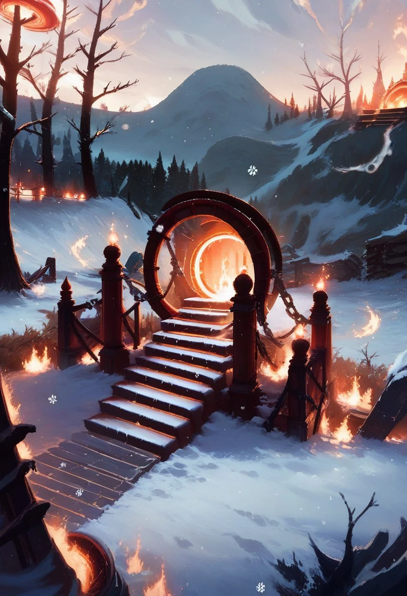 score_9, score_8_up, score_8,
Khrn, tree, glowing, bare tree, portal, stairs, snow