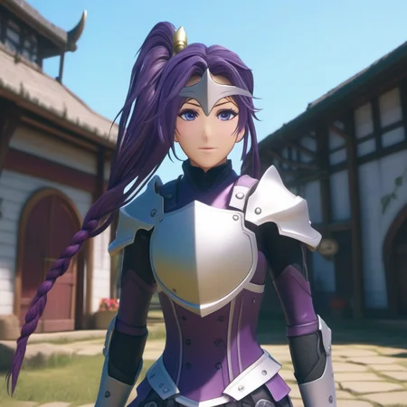 Ultra-realistic extremely detailed real life 8k masterpiece of a super sexy woman with dark purple hair beautifully braided hair and chest and skirt and knight's armor wearing helmet on head exploring a village, epic background, extremely detailed intricate helmet features, breathtaking epic lighting, cinematic composition, sakura wars style <lora:sakura wars style:1>