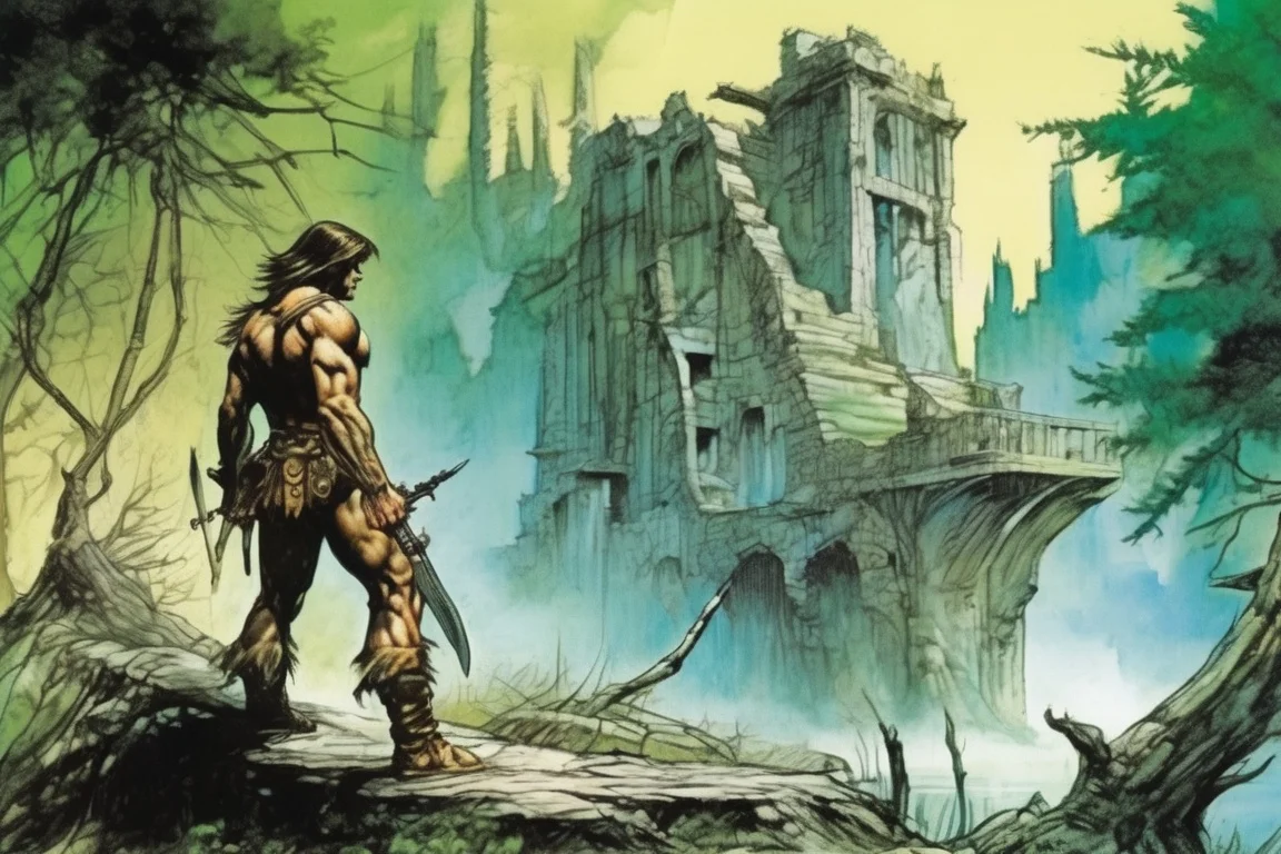 wide angle view of a ruined city in the forest, close up of a lone warrior standing near a river <lora:Fantasy_art_XL_V1:0.75> stunning fantasy art by neal adams