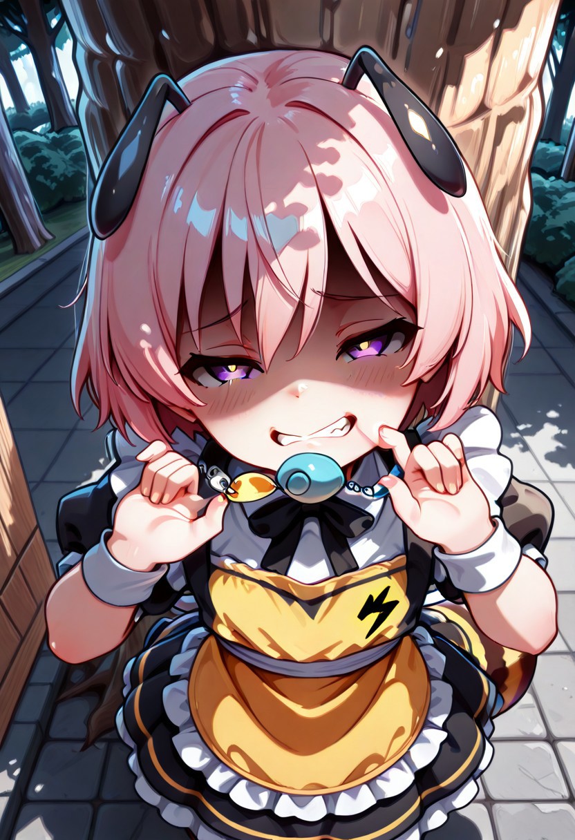 masterpiece, BEST QUALITY, solo, age down,
short body, short hair, round face,
short limb,
looking up,
tilted head,
under tree,
shadows from tree canopy on her,
sunny day,
CivChan, purple eyes, pink hair, arranged maid outfit,
flat breasts, park, from above, shaded face, (smug:1.2), head tilt,
open eyes,
Bee girl mixture costume,
bee tail. (bee wing:1.3),
yellow and black stripe apron
cpbt
folded elbow,
1 yellow oval crime prevention buzzer holding at her mouth,
pulling gesture,
(pinching strap of buzzer:1.5)
clenched teeth,
(1tongue out:0.6),
tongue below 
unholy-aesthetic
BREAK
2.5D REALISTIC
ABSURDRES
AMAZING QUALITY
BALANCED HISTGRAM on subject
CONTRAPPOSTO
LOW-KEY HISTGRAM ON BG
NEWEST
PERSPECTIVE
SOLO FOCUS
ULTRA DETAILED EYES, EYE HIGHLIGHTS
ULTRA DETAILED FACE
VERY AESTHETIC
very awa
(simple large speech bubble at corner of the top:1.4)
 asking for buzz with a speech bubble, speech bubble that says "buzz"
handslora
(A BLACK lightning symbol printed at buzzer:1.4)