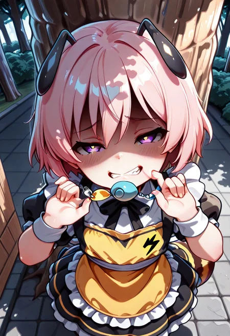 masterpiece, BEST QUALITY, solo, age down,
short body, short hair, round face,
short limb,
looking up,
tilted head,
under tree,
shadows from tree canopy on her,
sunny day,
CivChan, purple eyes, pink hair, arranged maid outfit,
flat breasts, park, from above, shaded face, (smug:1.2), head tilt,
open eyes,
Bee girl mixture costume,
bee tail. (bee wing:1.3),
yellow and black stripe apron
cpbt
folded elbow,
1 yellow oval crime prevention buzzer holding at her mouth,
pulling gesture,
(pinching strap of buzzer:1.5)
clenched teeth,
(1tongue out:0.6),
tongue below
unholy-aesthetic
BREAK
2.5D REALISTIC
ABSURDRES
AMAZING QUALITY
BALANCED HISTGRAM on subject
CONTRAPPOSTO
LOW-KEY HISTGRAM ON BG
NEWEST
PERSPECTIVE
SOLO FOCUS
ULTRA DETAILED EYES, EYE HIGHLIGHTS
ULTRA DETAILED FACE
VERY AESTHETIC
very awa
(simple large speech bubble at corner of the top:1.4)
asking for buzz with a speech bubble, speech bubble that says "buzz"
handslora
(A BLACK lightning symbol printed at buzzer:1.4)