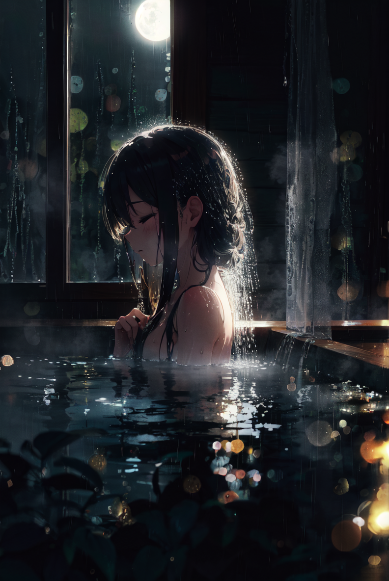 1girl, in winter, rain, night, moon, water, droplets, soaking, smooth skin, wet skin, wet hair, foggy, window, taking a shower, steam, swirling mist, depth of field, vignette, highly detailed, bokeh, moody, epic, gorgeous, upper body, nude, head tilted back, closed eyes, from side,