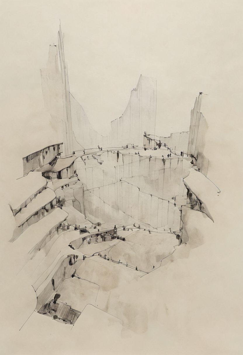 a professional hand sketch of architecture,
(POV view , DOF, first people view from the entrance, low angle shot:1.4),
(Ancient civilization, Alien Prometheus movie scene, dune movie scene:1.5), (The colonial city of the future, in the mist-filled Grand Canyon, on an unknown Earth-like planet, 2 moon on sky, Spaceship flight connects colonies, waterfulls:1.3), (Machu Picchu, a mountain settlement, incredibly spectacular:1.2), (Mario Botta:1.3), (avant-garde, future, reality, science fiction, photorealistic), (modern architecture:1.2), White limestone with black granite, fountain, waterfall, landmark, square, path, narrow street,
(Large Files, Ultra Realistic, 8K, 16k, FHD, HD, VFX, Perfect, Photography, composition, Architecture Sales Photography, Architecture Competition, Ultra High Resolution, Cinematography, High Resolution Image:1.1), (dramatic lighting, direct sunlight, ray tracing, clear shadow:1.2),  (real landscape:1.1), (blurred background:1.0), (urban background, more_details) ,
great lighting, extremely detailed, hillscastel, Neo Classic, Architecture sketch