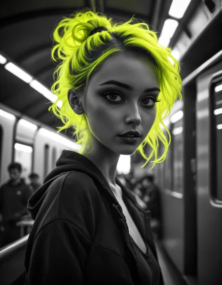 zavy-hrglw, macro shot of a beautiful girl on a train, messy bun hair, neon yellow hair, silhouette, skinny, sexy, dimly lit, shadow, monochrome, b&w, instagram model, cinematic still, movie screencap, dynamic angle, 100mm f/2.8 macro lens, deep photo, depth of field, shadow,