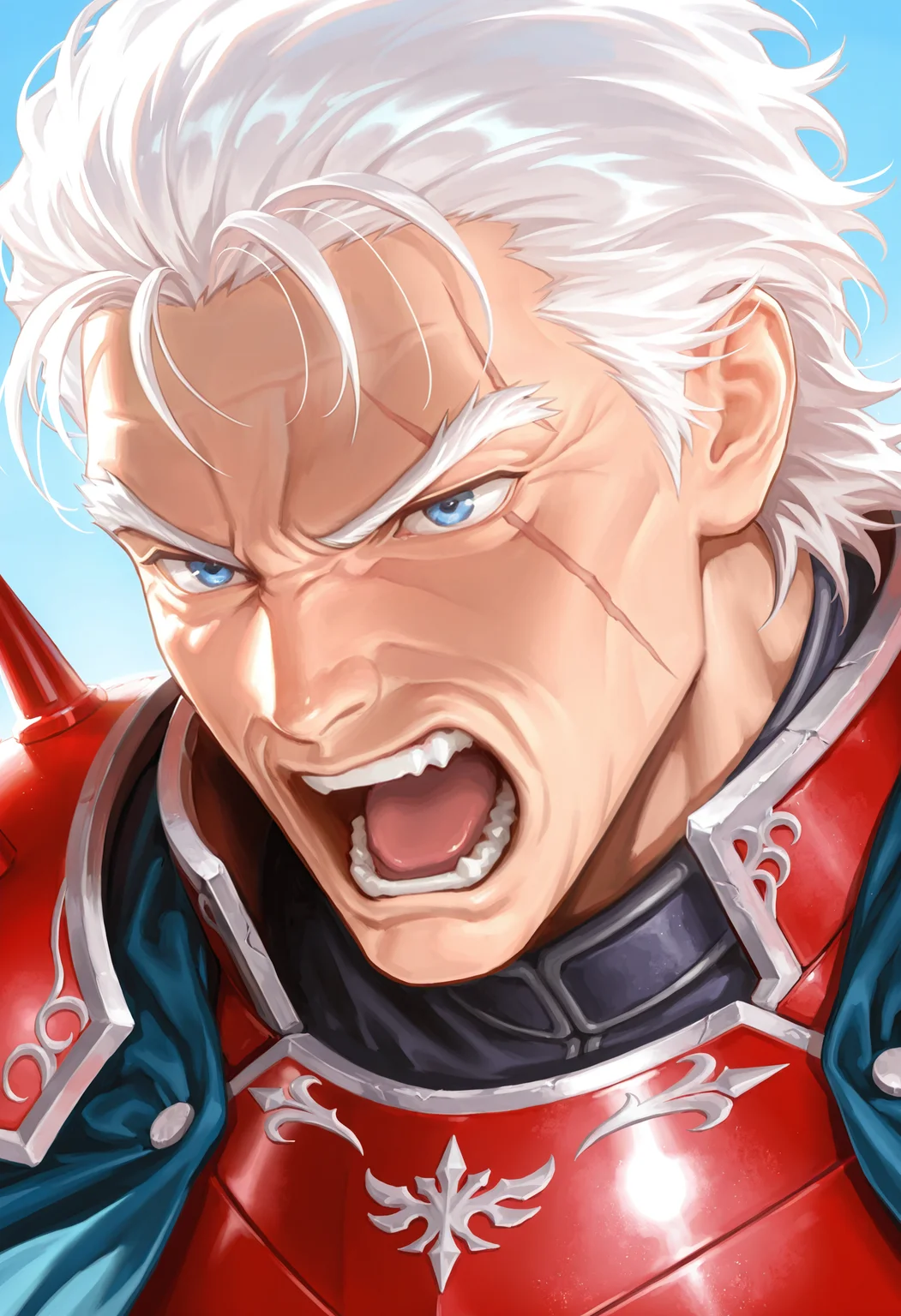 masterpiece,extreme detailed,SmoothNoob_Quality,day,outdoors,field BREAK jagen_(fe),1boy,white hair,blue eyes,(old man:0.9),scar,red armor,cape,spikes,<lora:jagen_(fe)-IL:1>,close-up,open mouth,serious,screaming,<lora:NOOB_vp1_detailer_by_volnovik_v1:1>,