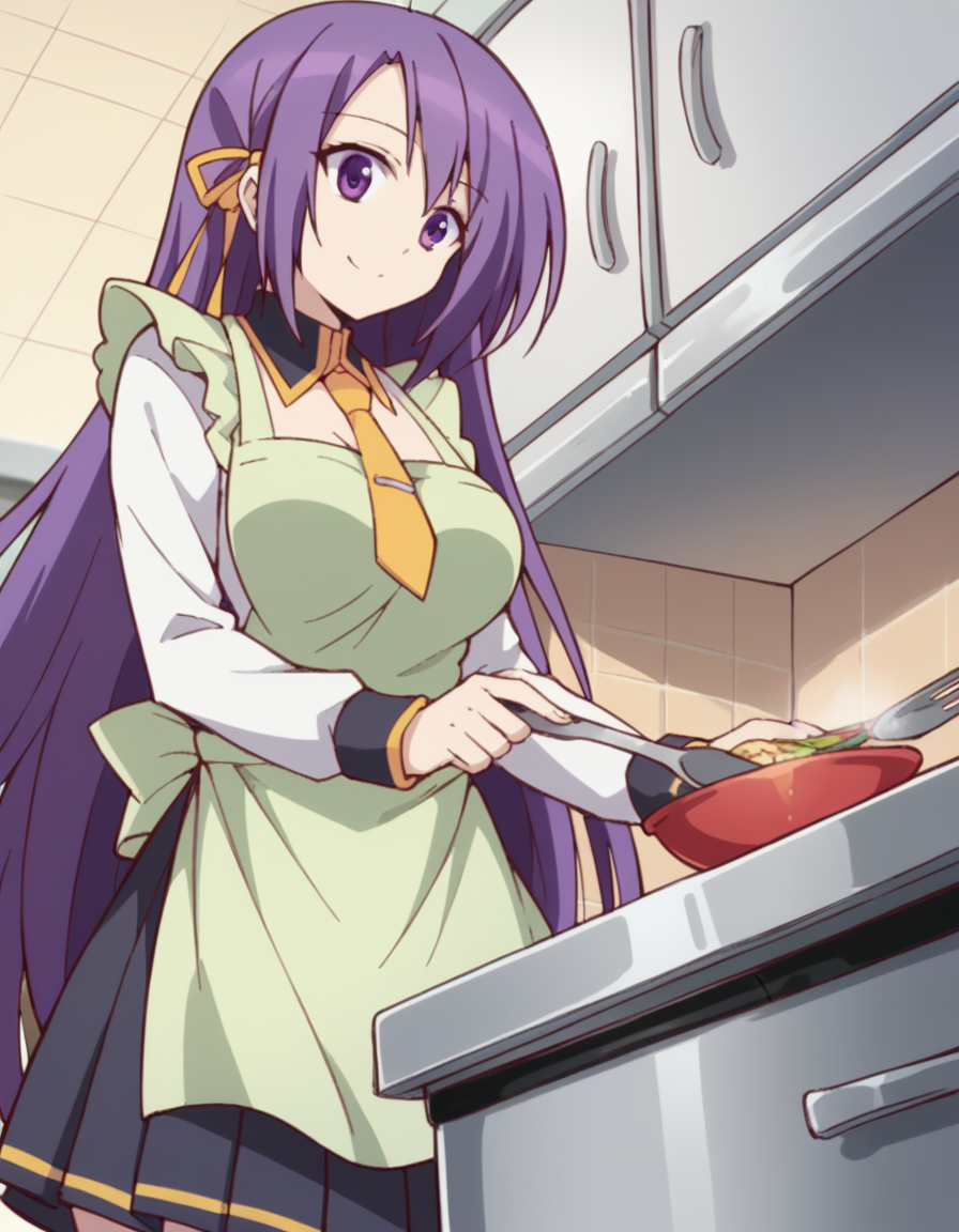 score_9, score_8_up, score_7_up, source_anime, <lora:fianna-ray-ordesia-s1-ponyxl-lora-nochekaiser:1>, fianna ray ordesia, long hair, large breasts, very long hair, ribbon, purple eyes, hair ribbon, purple hair,, skirt, thighhighs, school uniform, necktie, long sleeves, black skirt, pleated skirt, kitchen, cooking, apron, cutting vegetables, home cooking, smile, , from below, solo,, cowboy shot, dutch angle