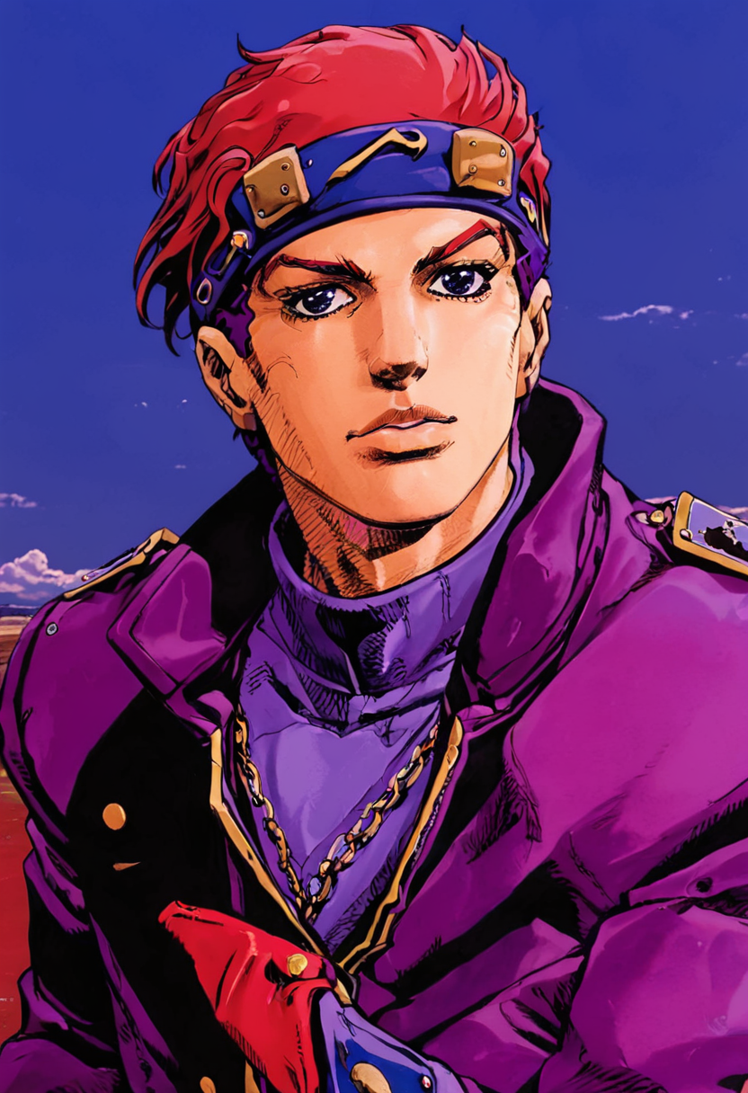 best quality, close up, a jotaro kujo with blue and red hair in purple coat , purple and red colors,  simple sky in background, by araki hirohiko <lora:araki_hirohiko-000016:0.7>  <lora:add-detail-xl:0.8>